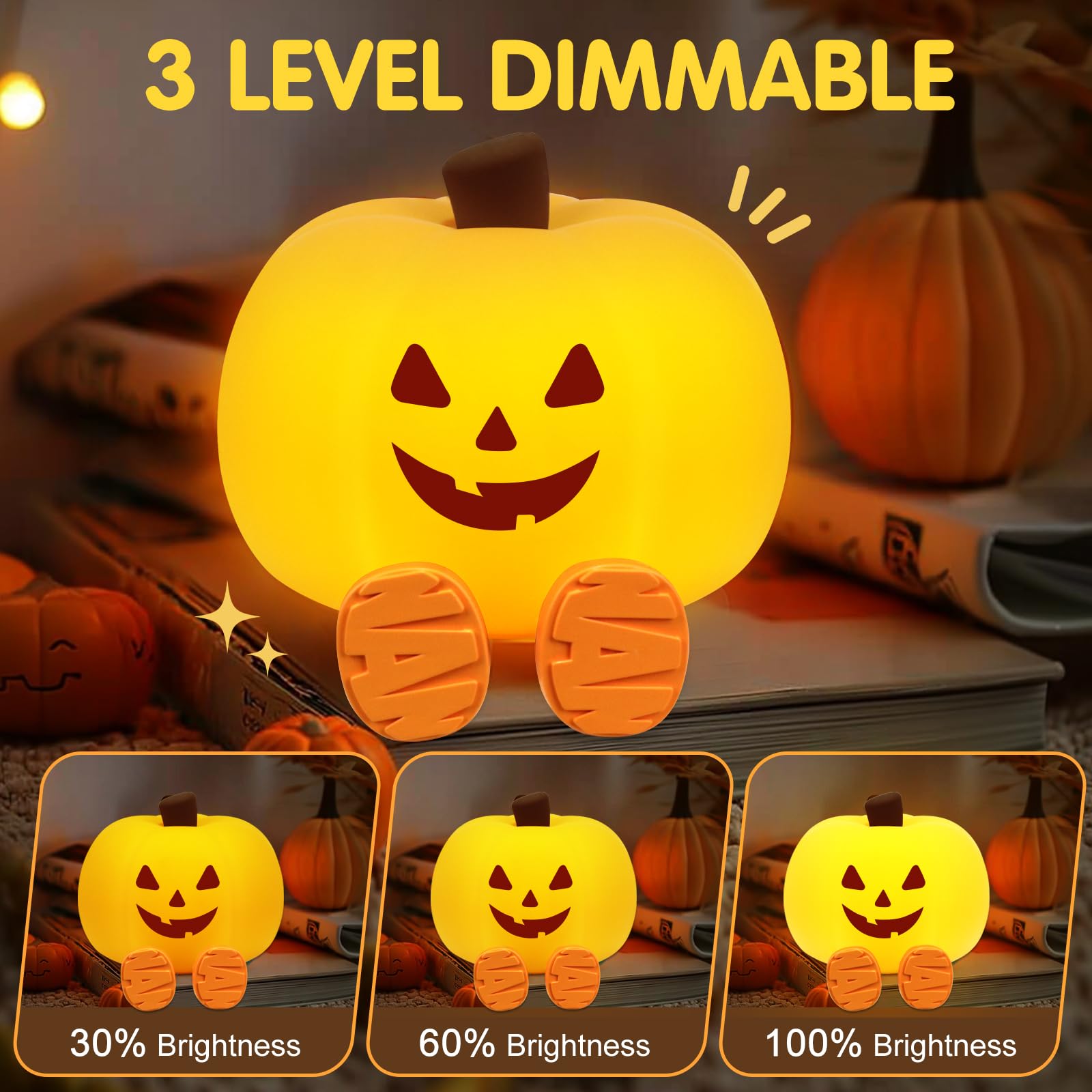 Gefaxi Pumpkin Night Light - Cute Jack O Lantern Decor, Cordless & Rechargeable, Small, Yellow, Model NGB-SU-170