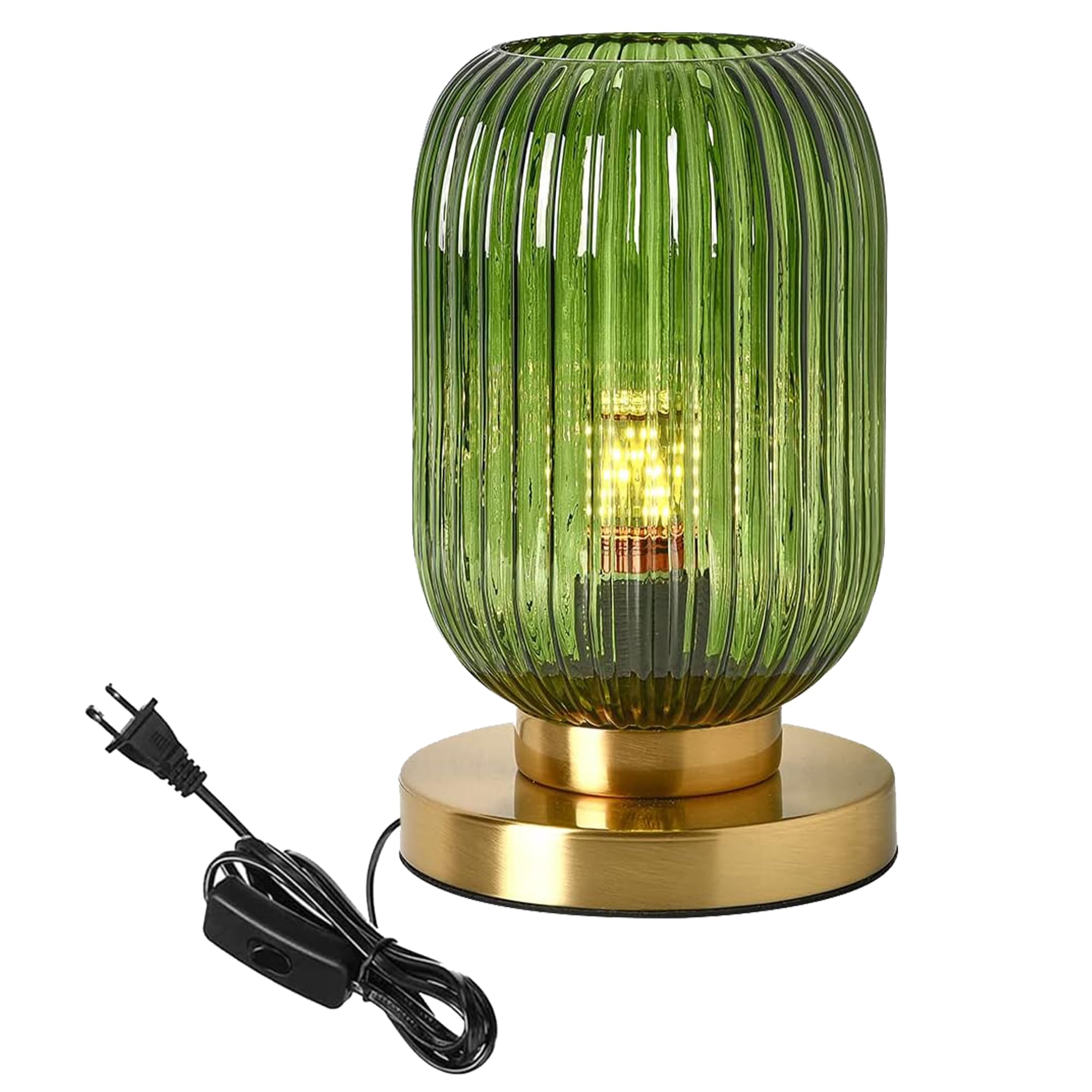 Doungros Glass Table Lamp Green Mid Century Modern Desk Lamp Gold Nightstand Lamp Pumpkin Design Ribbed Glass Small Bedside Table Light For Bedside Bedroom Living Room Office (10.6“)