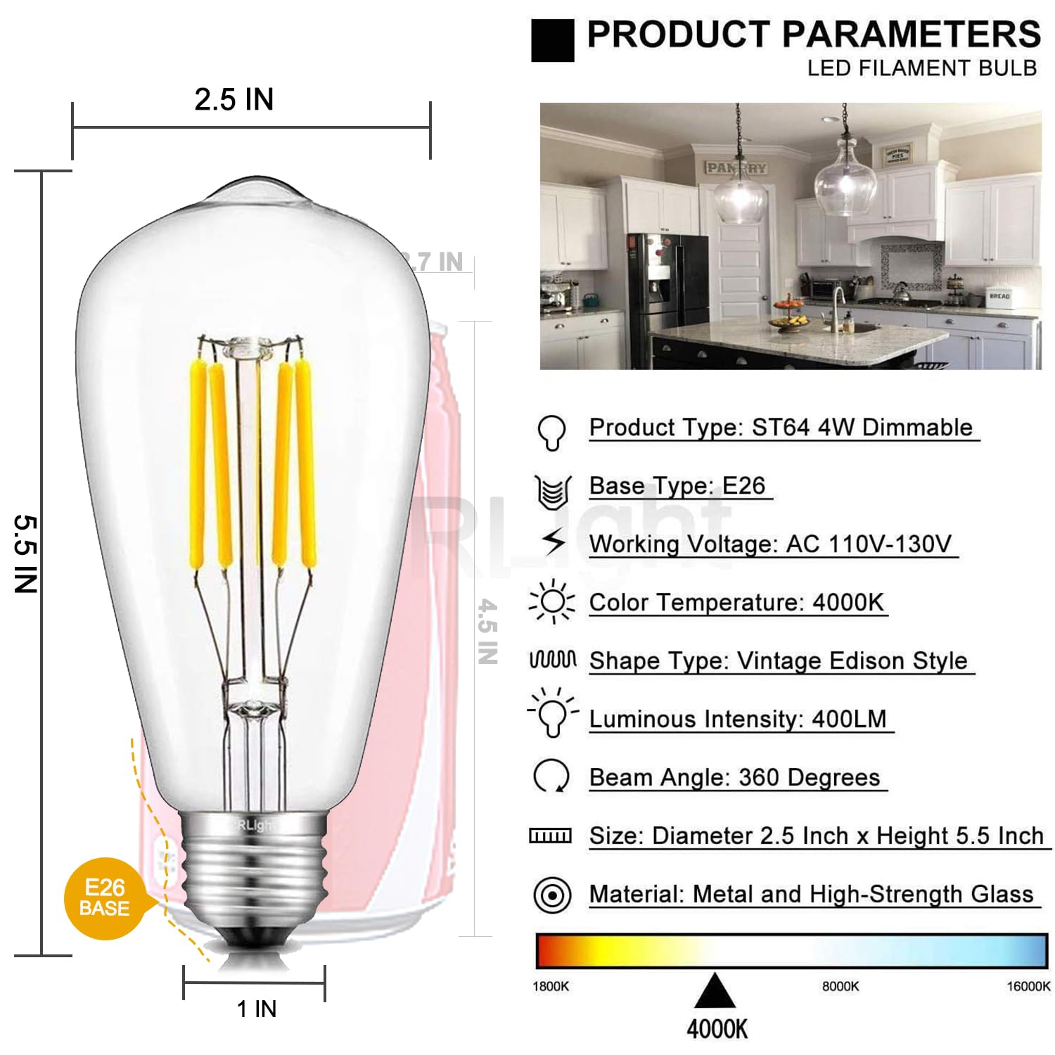 Crlight 4W Dimmable Led Edison Bulbs, 4000K Daylight White, 40W Equivalent, Pack Of