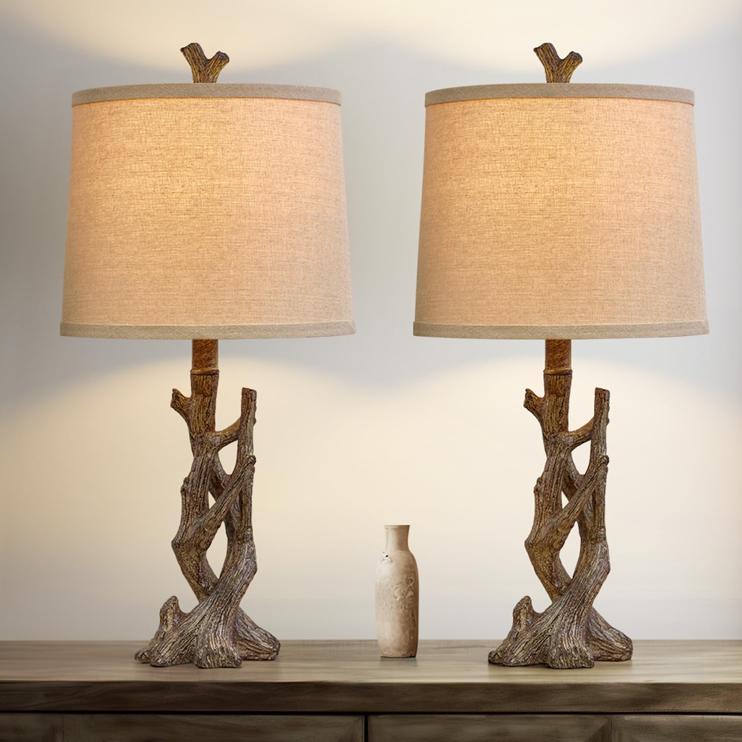 OYEARS 23'' Rustic Farmhouse Table Lamp Country Cottage Lamps for Nightstand Tree Trunk Wood Grain Lamp for Bedroom Living Room 