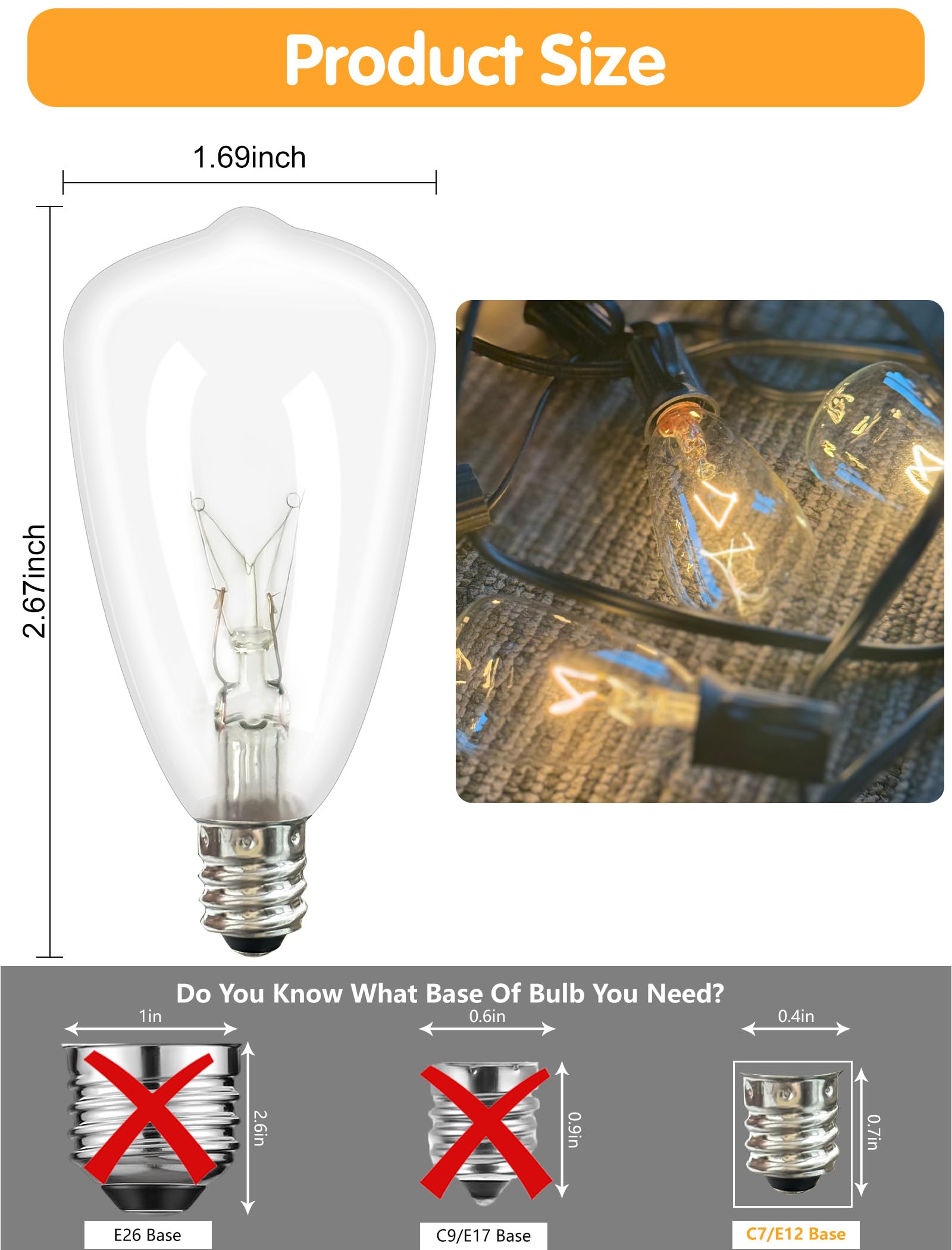 Romasaty 25-Pack St35 Light Bulbs Replacement Edison Clear Bulbs -5 Watts C7/E12 Screw Base For Indoor/Outdoor Patio String Ligh