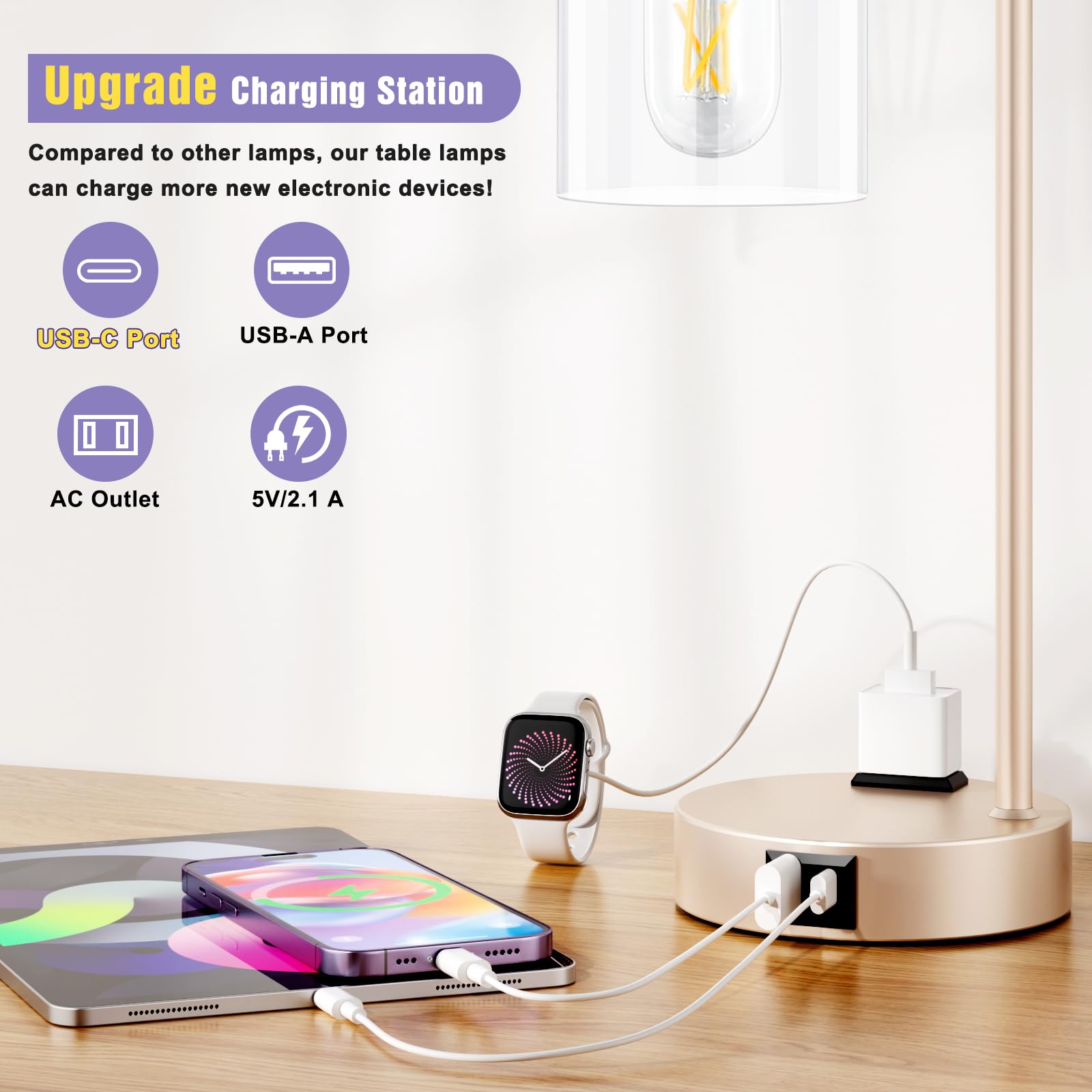 Industrial Touch Table Lamps For Bedrooms Set Of 2 - 3-Way Dimmable Lamps With Usb C+A Ports And Outlet, Champagne Gold Bedside