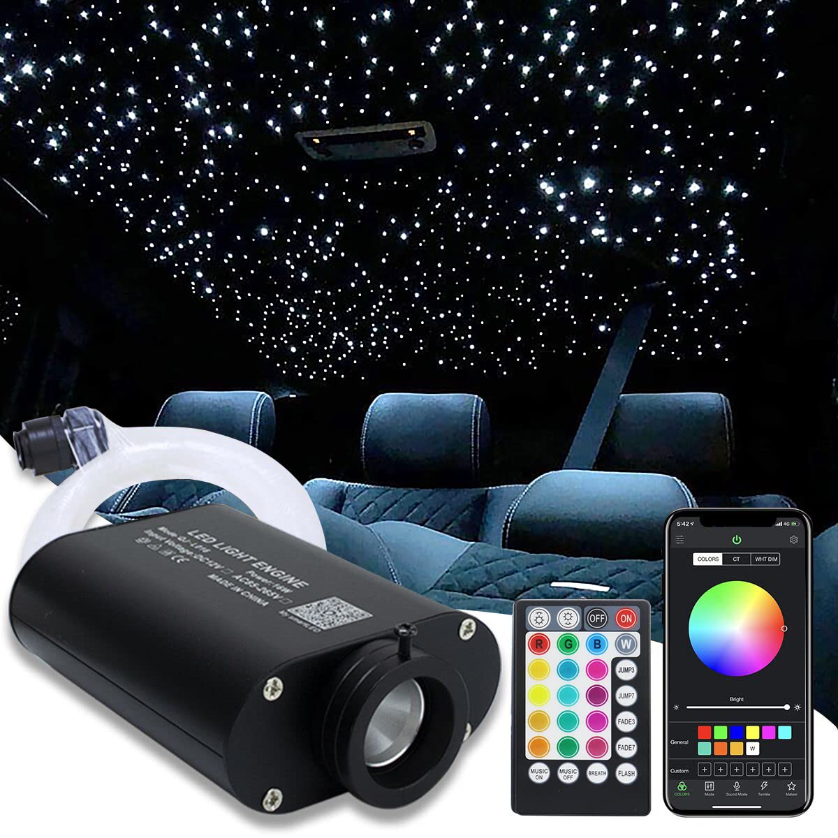 Amki 16W Fiber Optic Lights,Starlight Headliner Light Kit App/Remote Control Sound Activated Mode For Car&Home Decoration,Optical Fiber Cable Strands (0.75Mm+1Mm+1.5Mm) 9.8Ft/3M Long 430Pcs