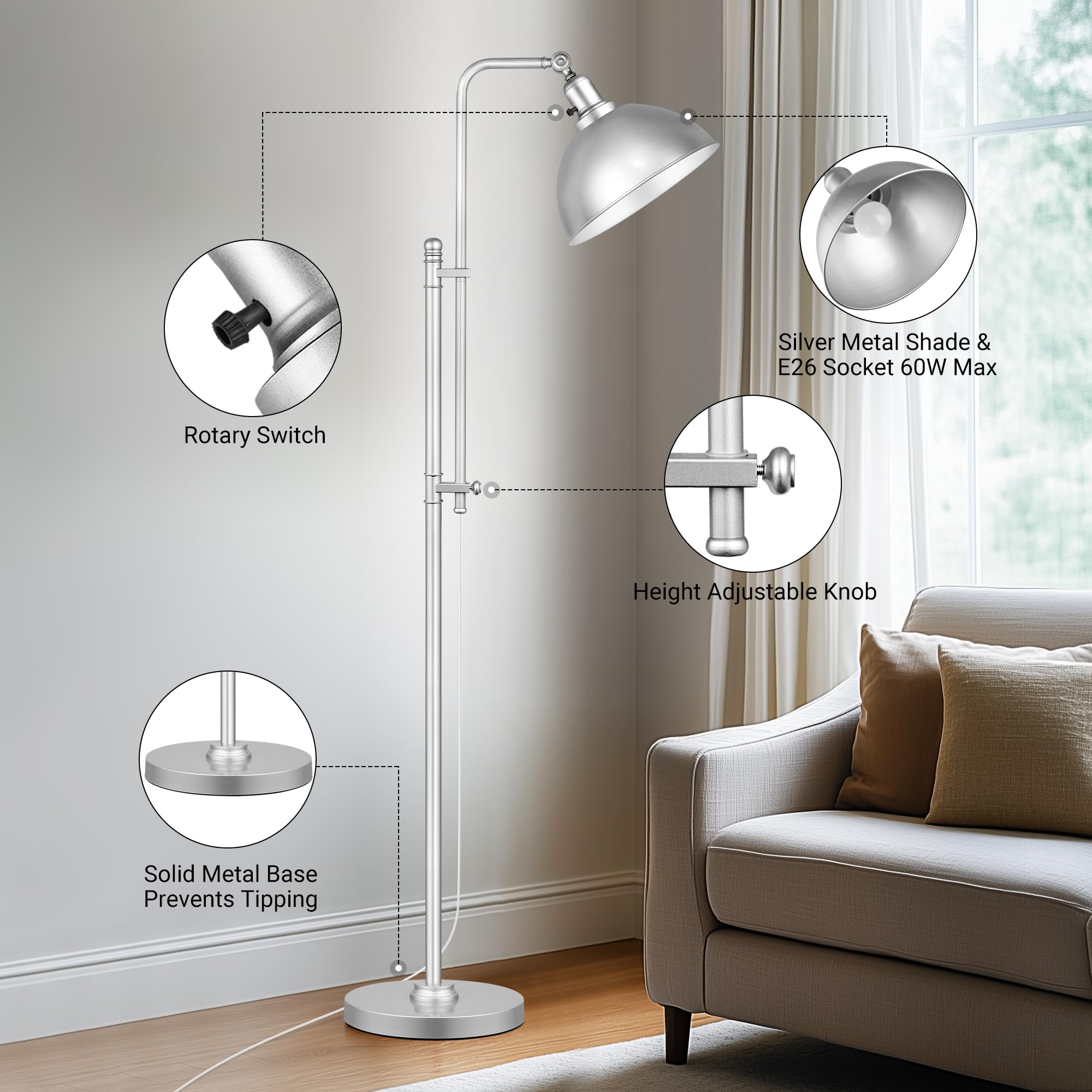 Partphoner Industrial Floor Lamp Adjustable, Farmhouse Reading Lamp In Silver Finish Modern Standing Lamp With Remote Control Me
