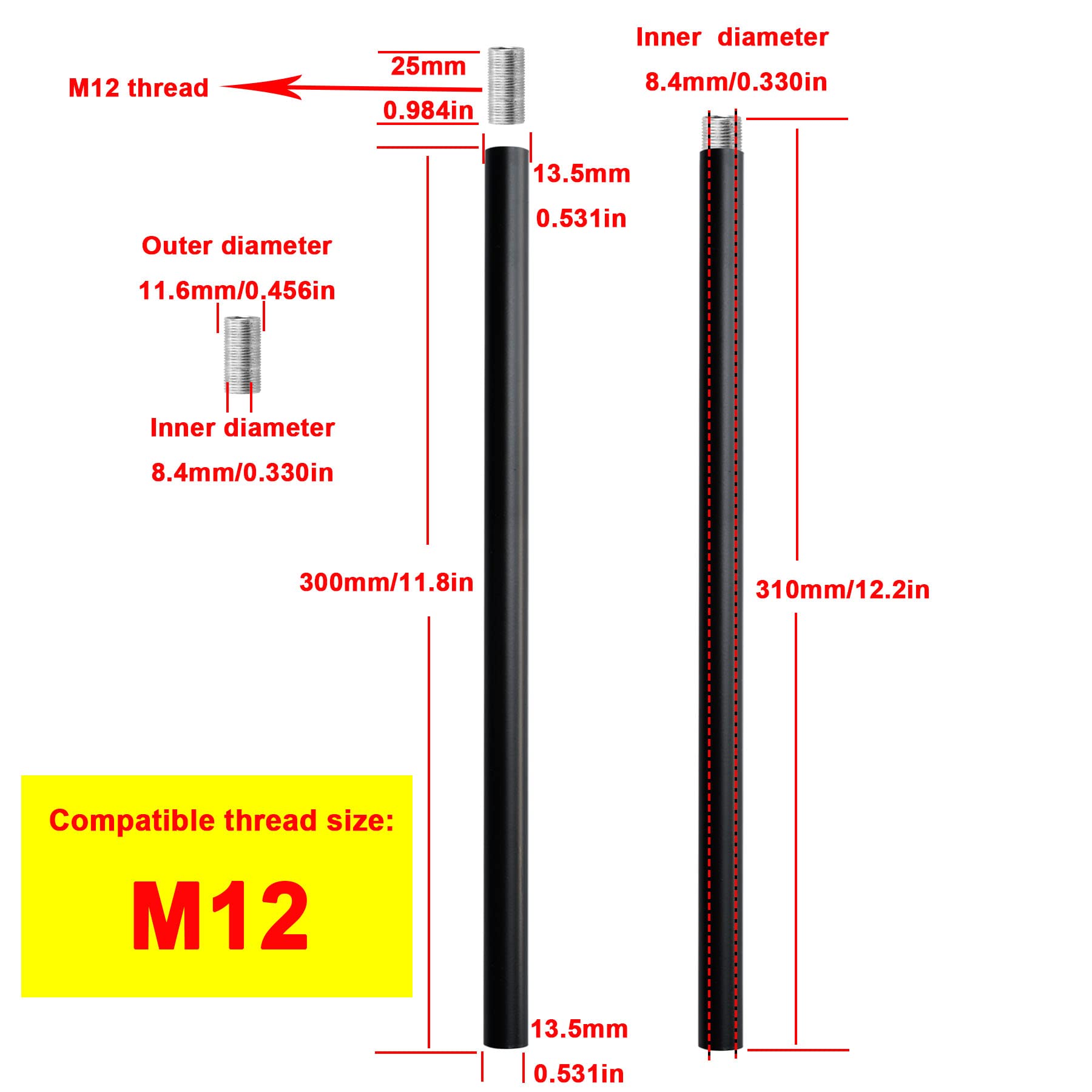Haligate Matte Black M12 Threaded Extension Rod For Pendant Light, Island Lighting, Chandeliers,Lighting Fixture Downrods & Stems,12 Inches