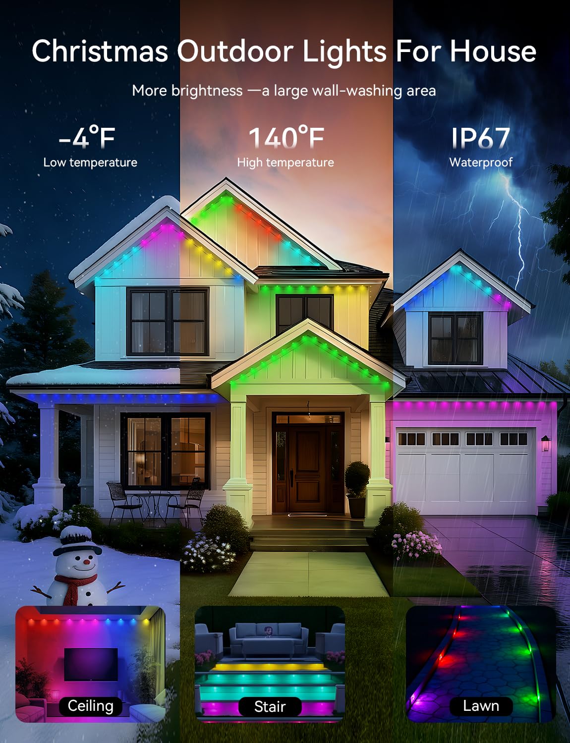 lemonlovely 200FT Outdoor LED Christmas Lights - Smart IP67 Waterproof Multicolor Eaves Lights with App/Remote Control, Model 2323