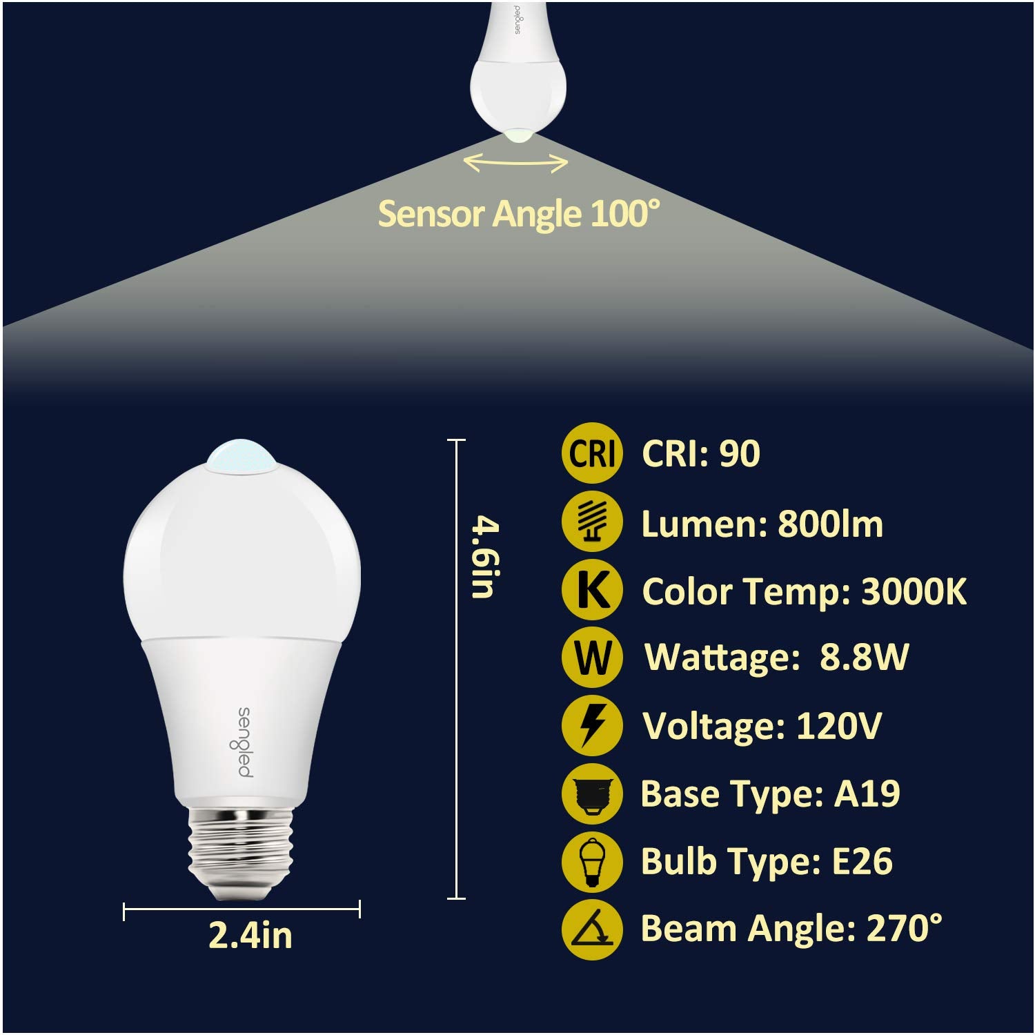Sengled Motion Sensor LED Light Bulb, 3000K Warm White, 1200LM, A19, 4 Pack, Auto On/Off for Outdoor Use