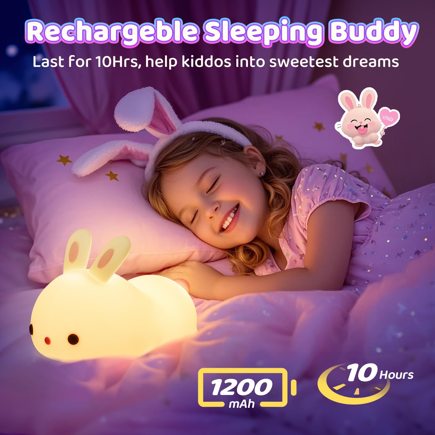 One Fire Bunny Night Light - Rechargeable Kids Lamp, 16 Colors, Model WH-A13, Cute Room Decor for Girls and Women