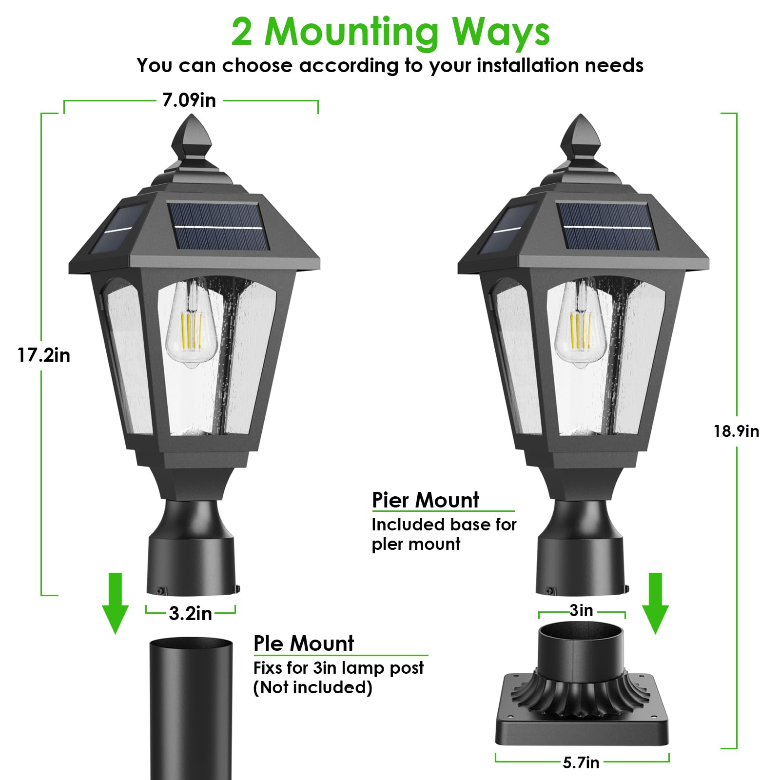 Benany Solar Post Lights Outdoor Waterproof, Aluminum Solar Lamp Post Lights With Pier Mount Base For Garden Yard Landscape Outs