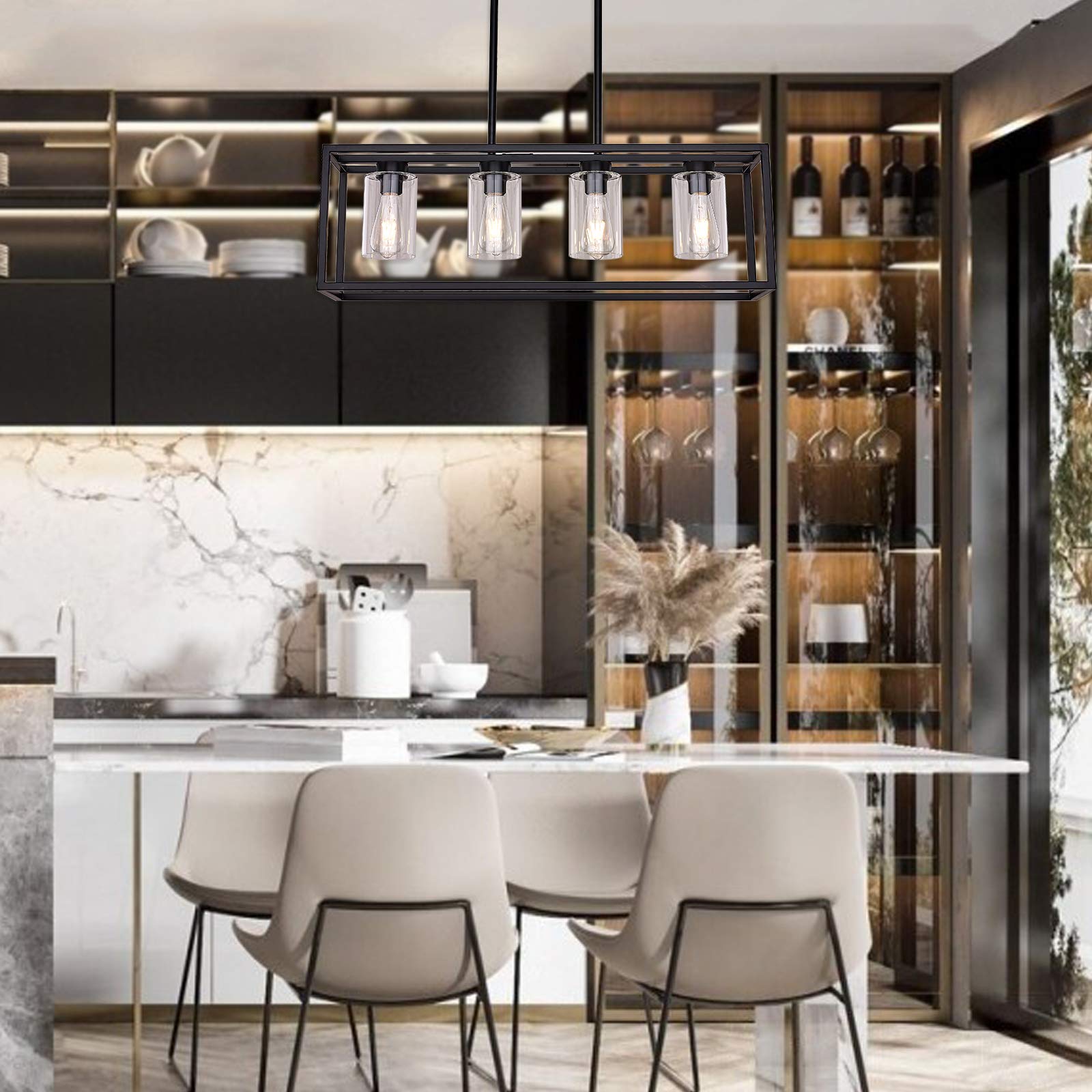 Xilicon 4-Light Black Linear Pendant Chandelier With Glass Shades For Kitchen Island & Cafe