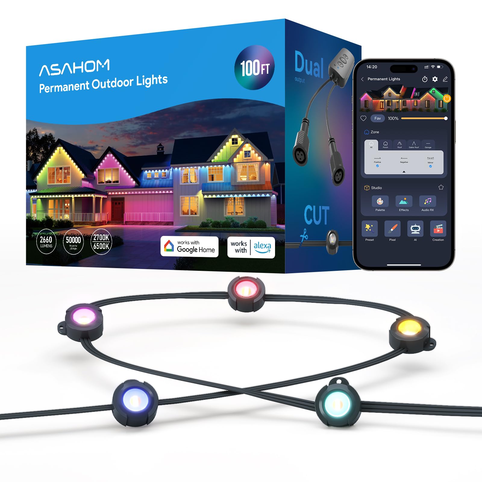 Asahom Ai Permanent Outdoor Lights S107B  100Ft With 72 Rgbcw Led Lights And Dual Output  30 000 Lighting Effect Combination  Ip67 Waterproof For House Halloween Christmas And Daily Decoration  Black