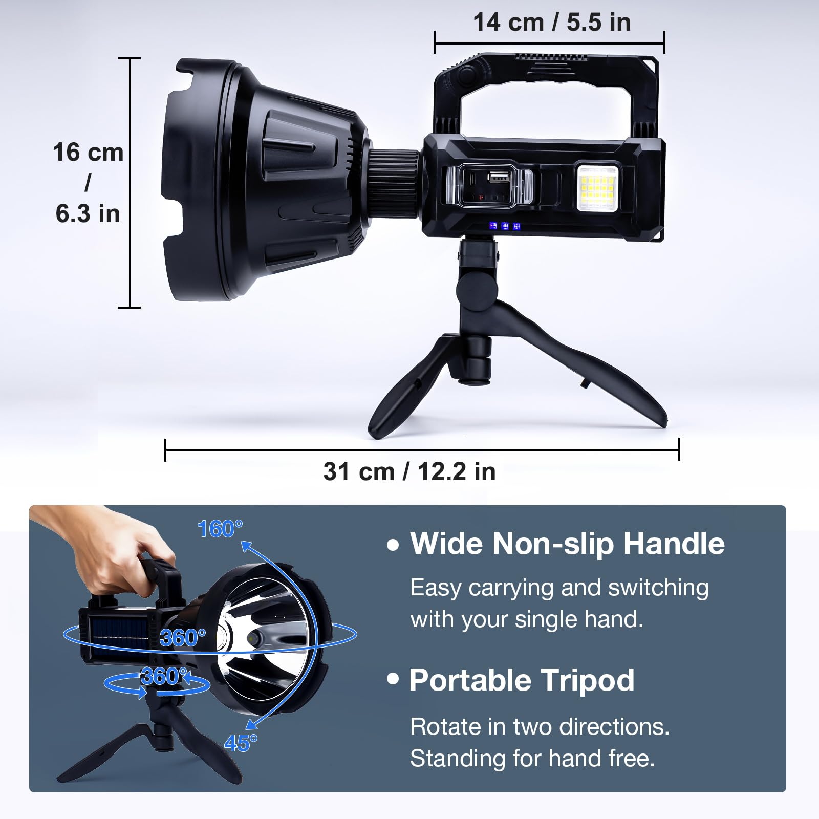 Solar Rechargeable Spotlight, 3,000,000 Lumens Led Spot Lights Outdoor Handheld Super Bright Long Range Flashlight With 6 Modes,