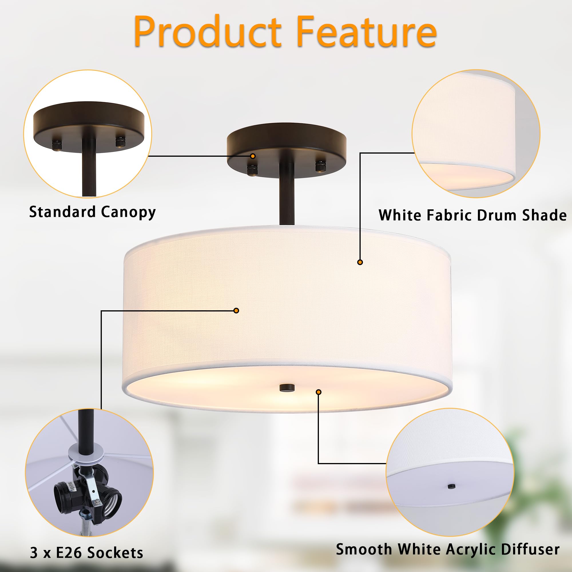 Febeleven 3-Light Semi Flush Mount Ceiling Light Modern Black Drum Light Fixtures With White Fabric Cover Shade Round Chandelier