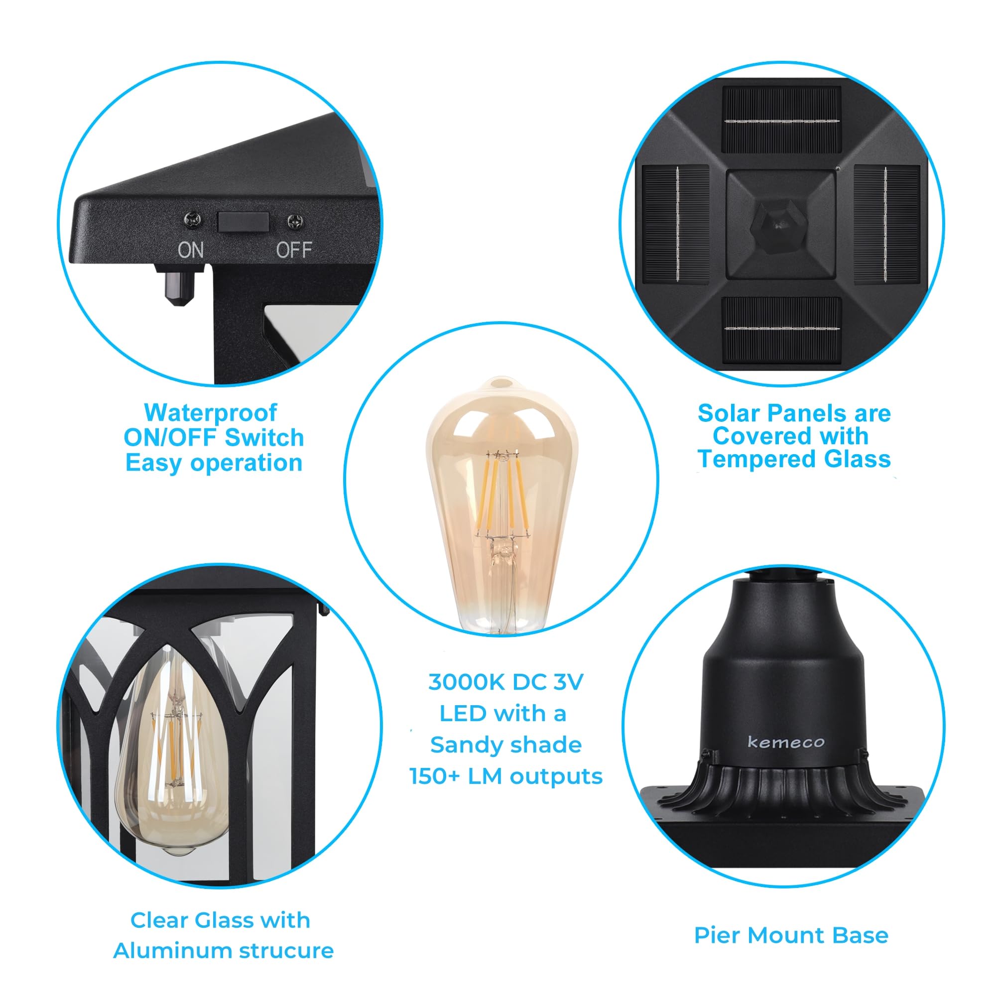 Kemeco ST4328Q Solar Post Light - Black Cast Aluminum LED Lamp Fixture for 3-Inch Fitter Base, Ideal for Yard, Garden, Driveway