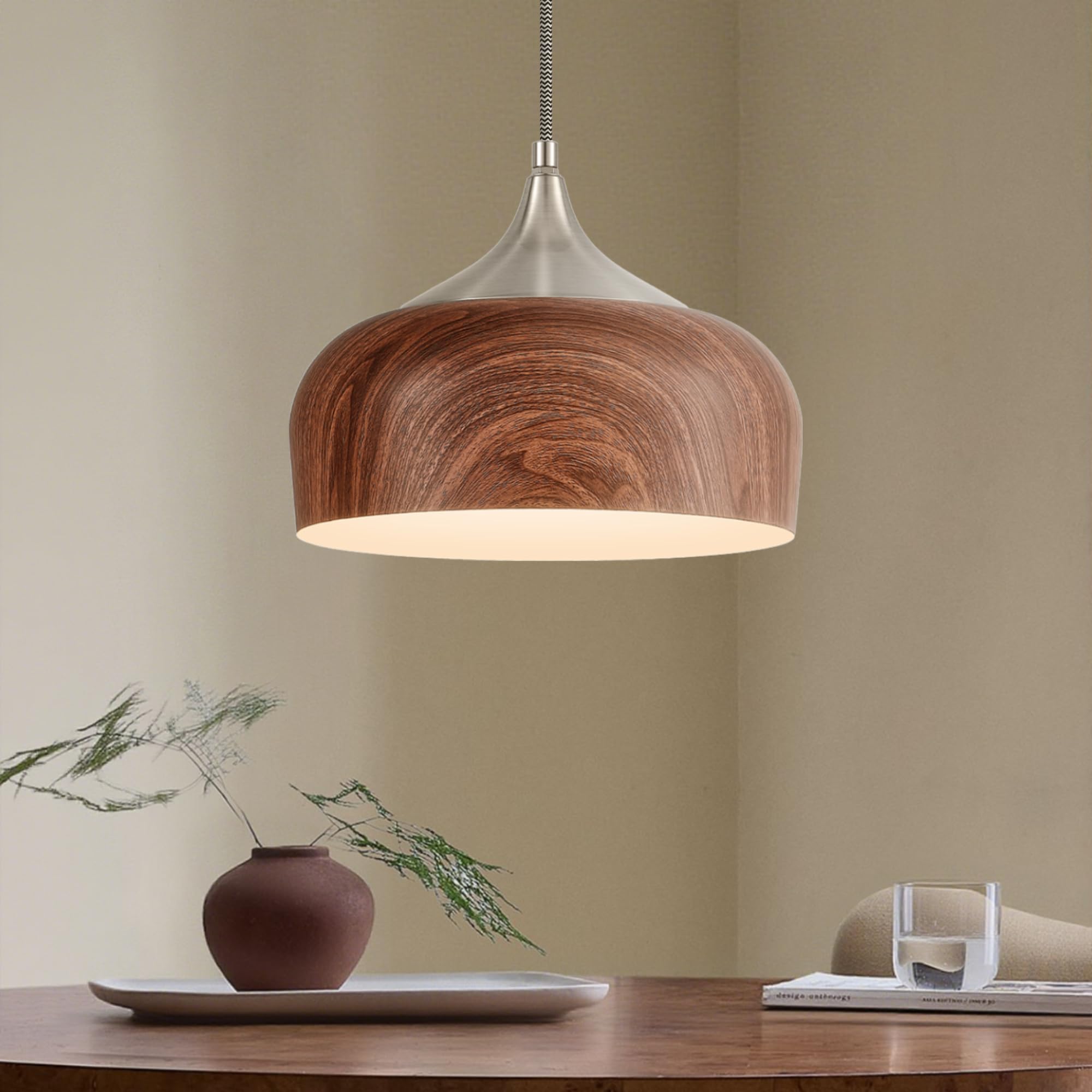 Elyona Brushed Nickel Pendant Light Wooden Pattern Dome Pendant Light Fixture Nickel Metal Modern Adjustable Hanging Lighting For Kitchen Island Dining Room Office Hallway Foyer Bedroom  12 Inch