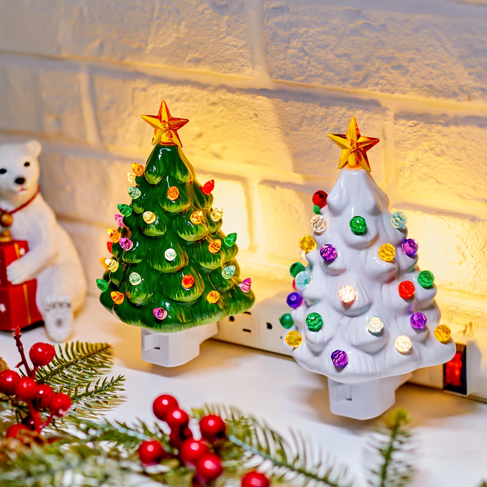 Brightown Ceramic Christmas Tree Night Light - 6in Vintage Decor, 2 Pack, Green and White, ON/Off Switch for Holiday Home Decor