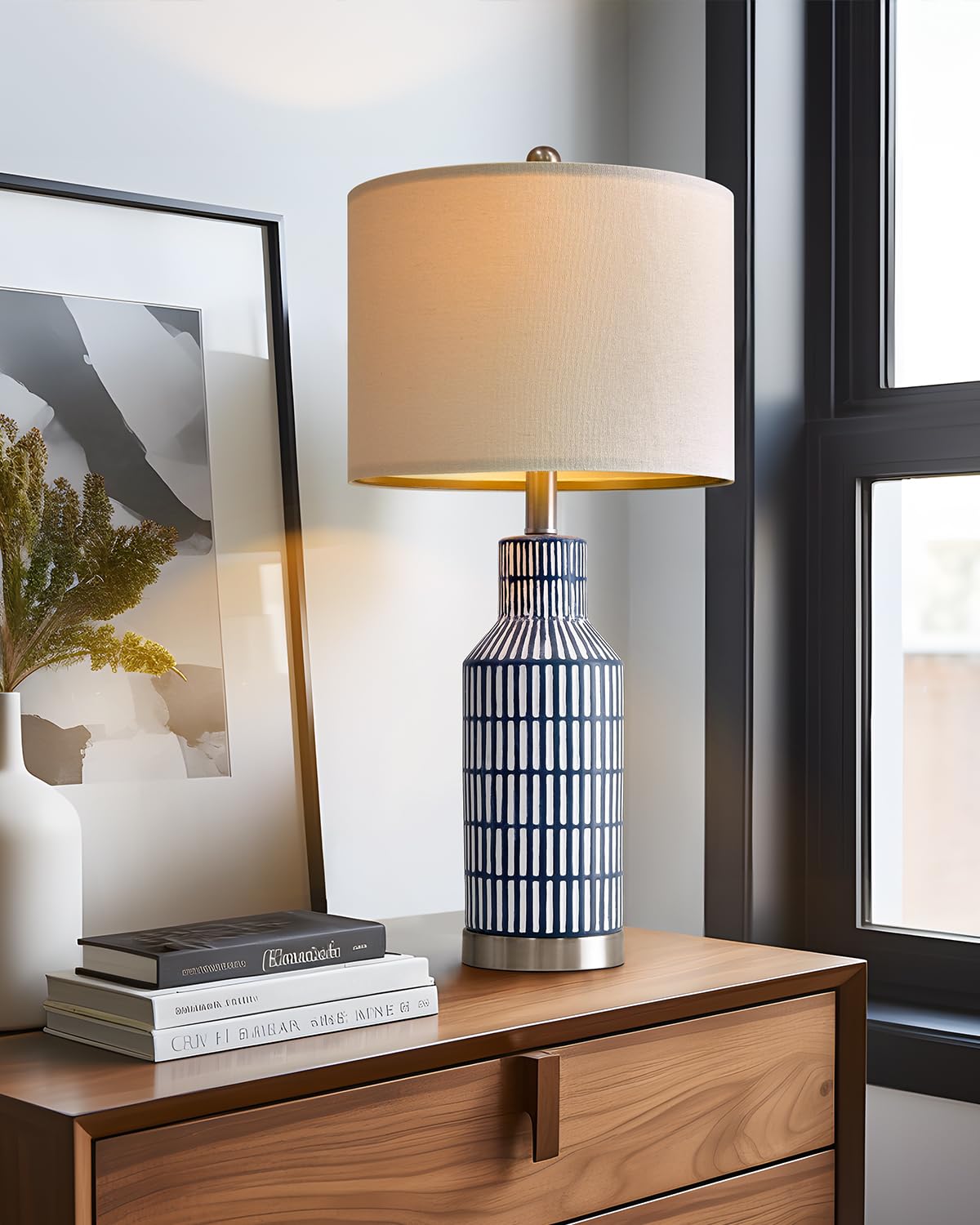 USumkky 25" Modern Ceramic Table Lamp - Blue, Farmhouse Style for Living Room & Bedroom, Model AMZ-T1114BL