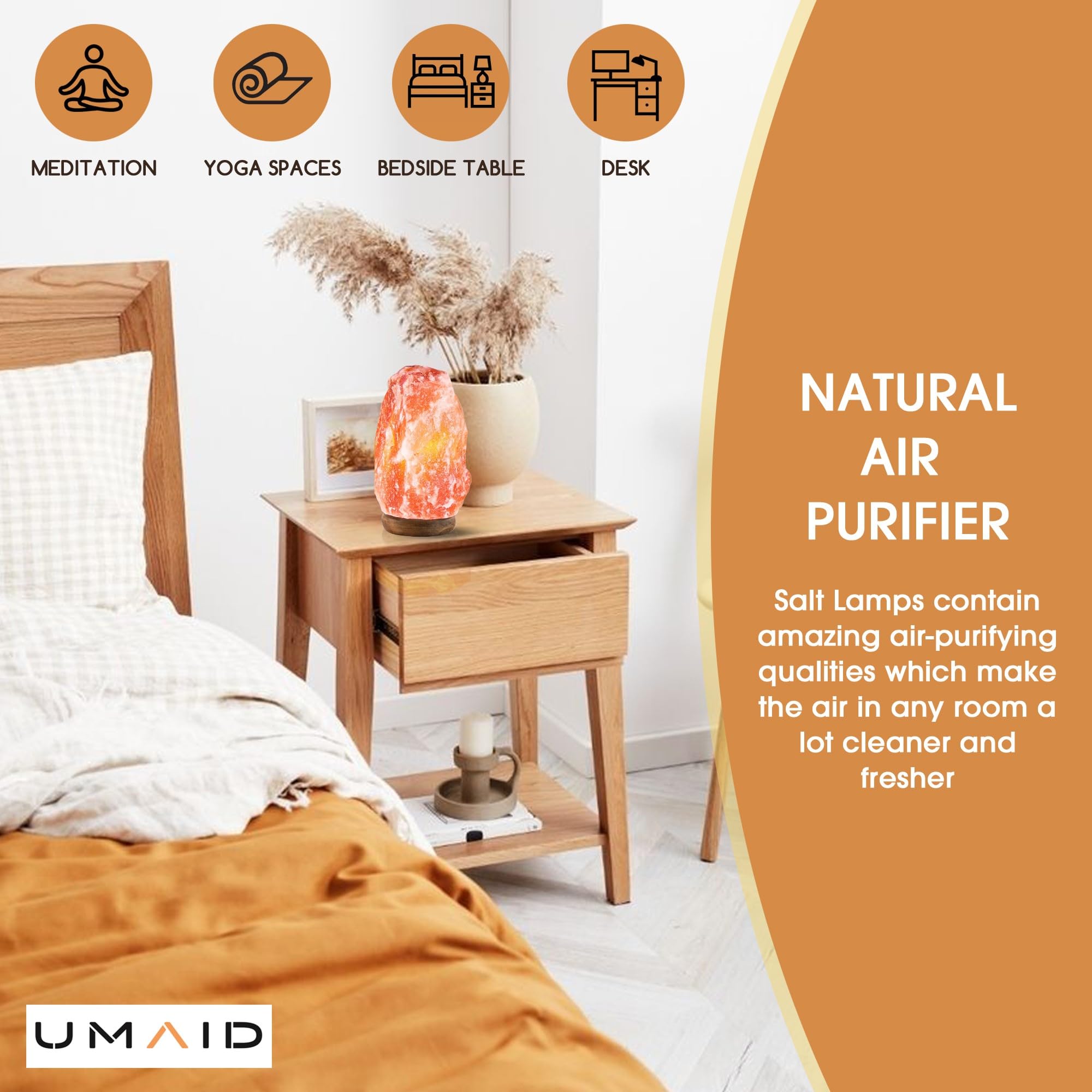 Umaid Himalayan Salt Lamp 8-10 Inch, Dimmable Switch, Wooden Base, Natural Pink Rock Salt