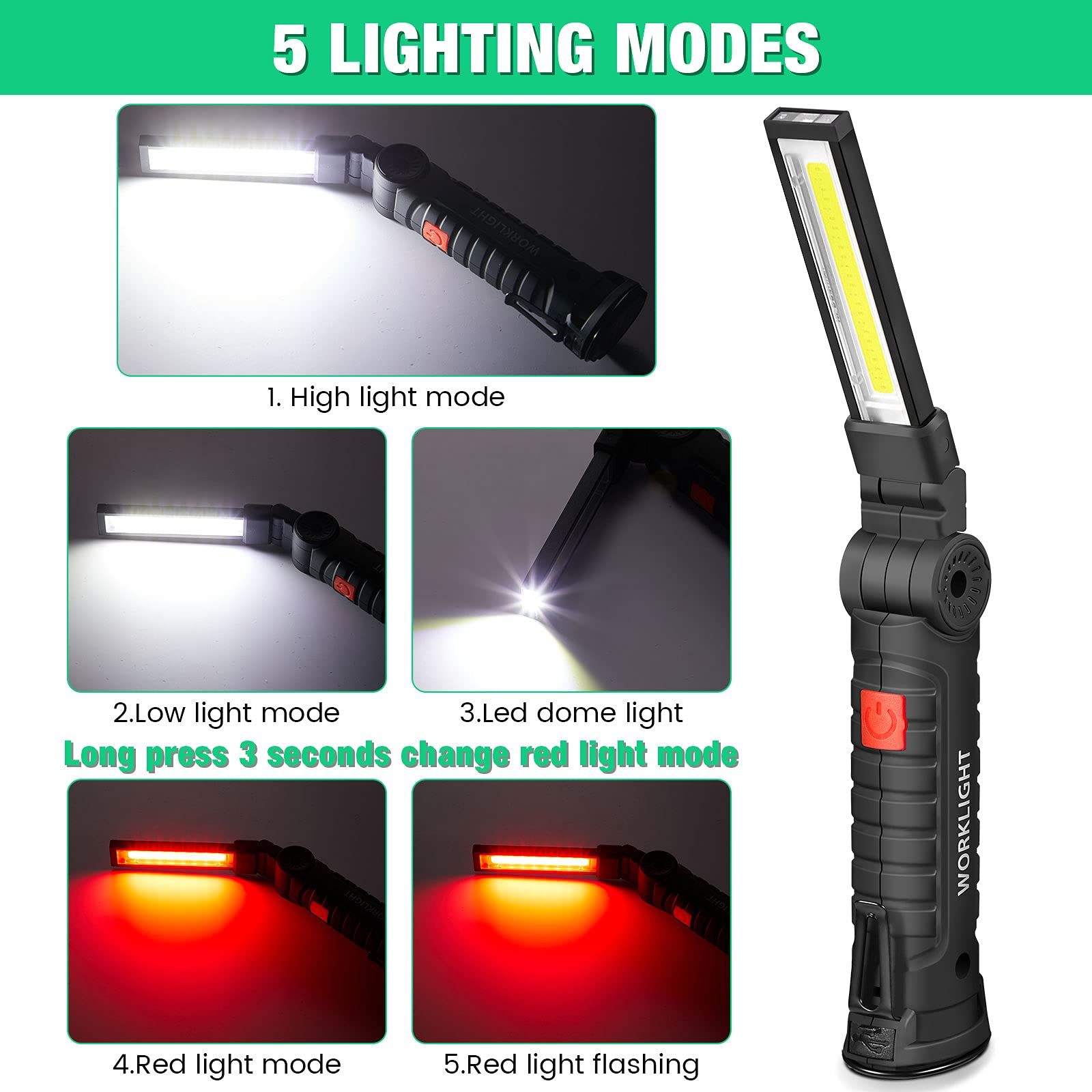 Honoson LED Work Light Cob Flashlight, 5 Modes, Rechargeable, Magnet Base, Hook, 360° Rotate, Small & Large, Black, Model: 336
