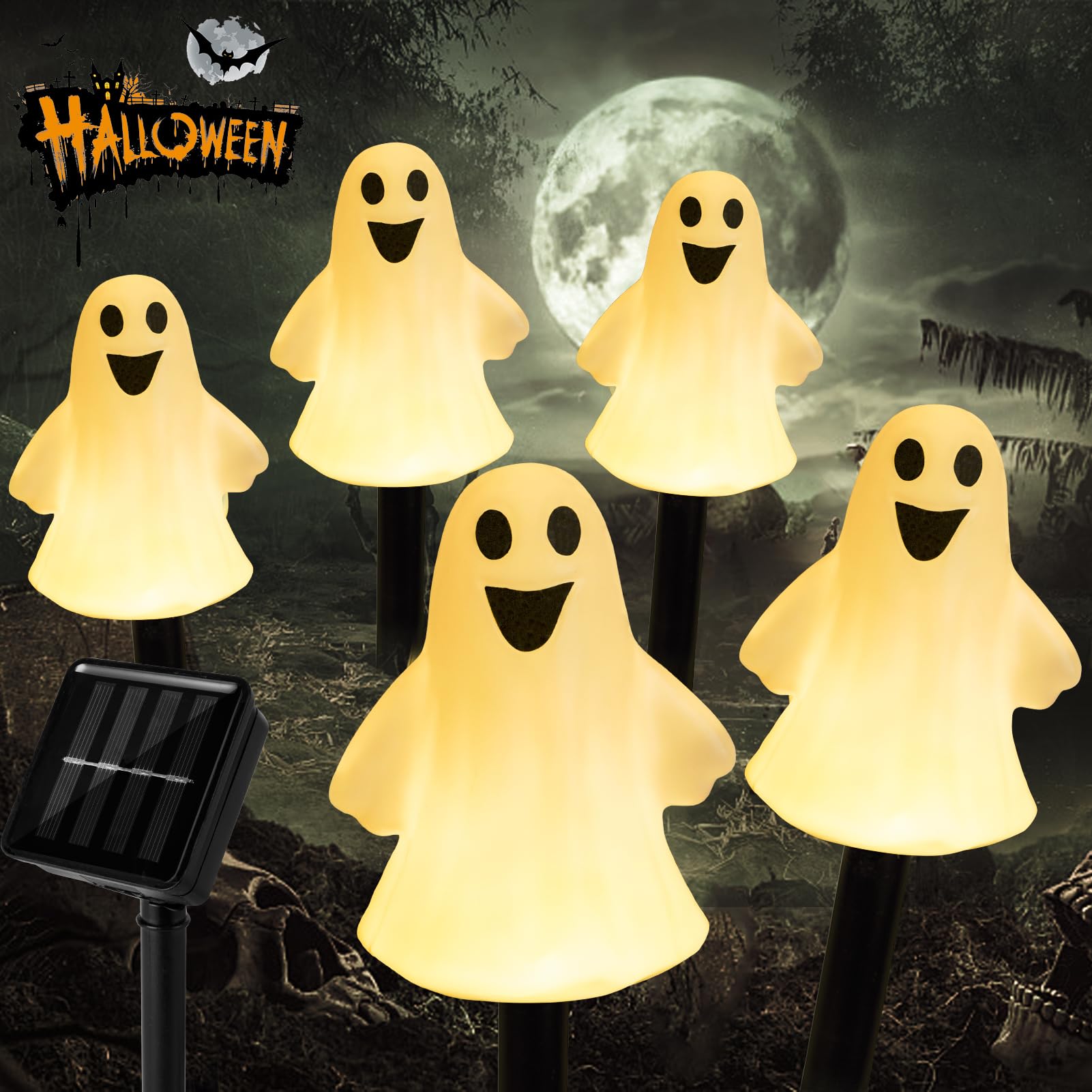 DAYLIGHTIR Solar Halloween Ghost Pathway Lights  Set of 5, 3D Ghost Outdoor Waterproof for Garden, Pathway and Yard Decoration,
