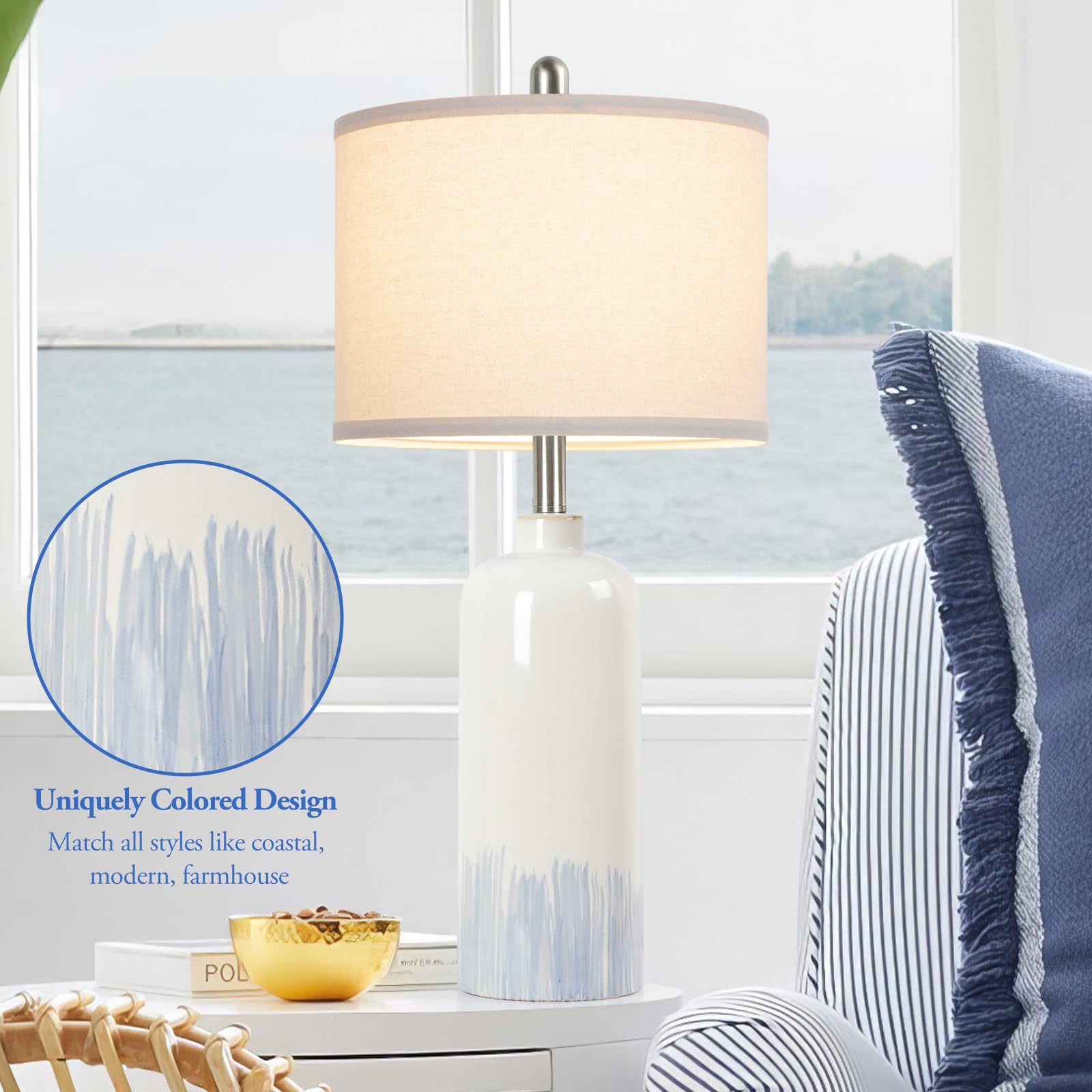 Sucolite 26" Coastal Ceramic Table Lamps Set of 2, Blue & Cream Shades, Modern Bedside Lighting for Living Room, Bedroom, Office, Model TB0294-2