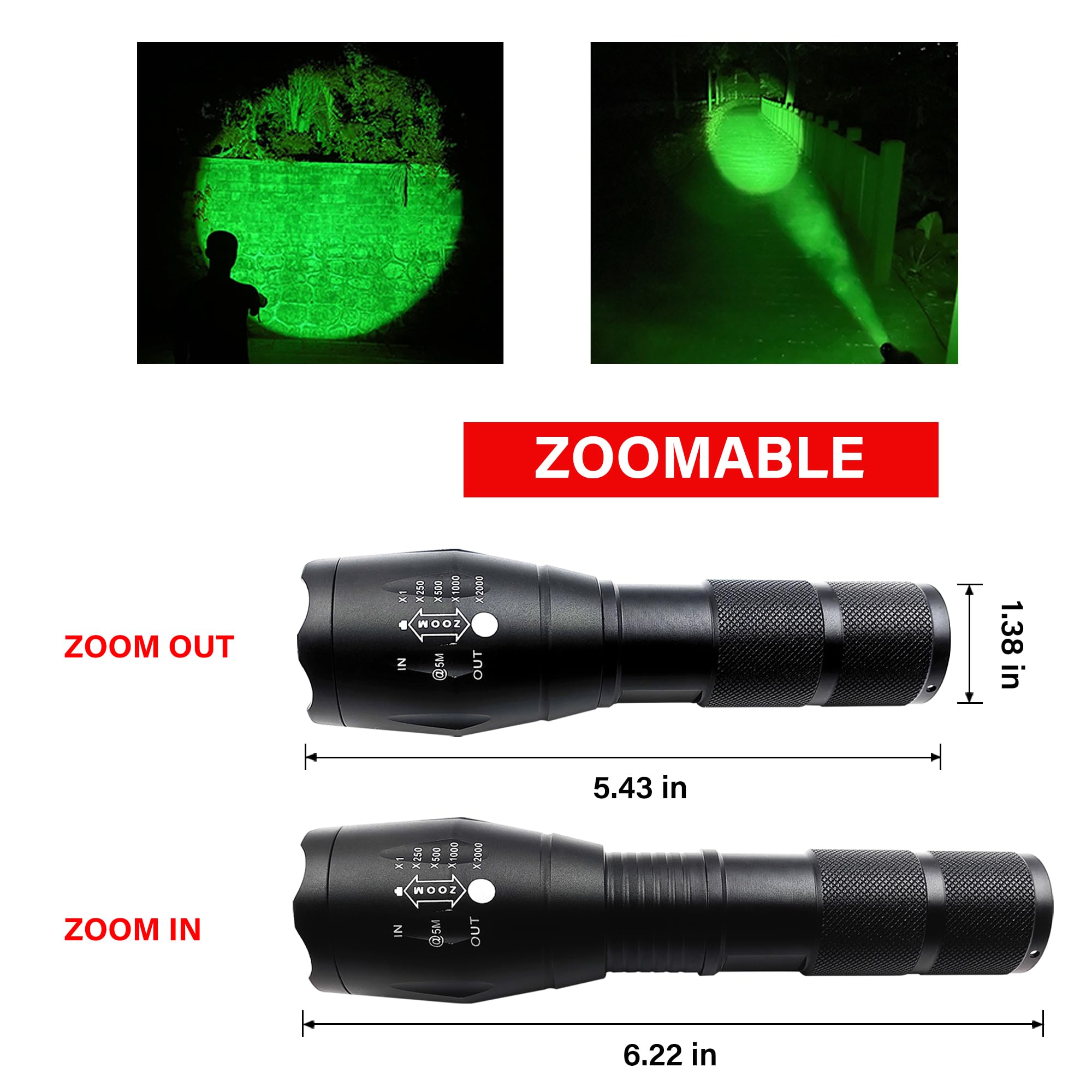 Souyos Green Light Flashlight, Single Mode Green LED Hunting, Zoomable Varmint Predator Coyote Hog, Green Flashlight for Night V