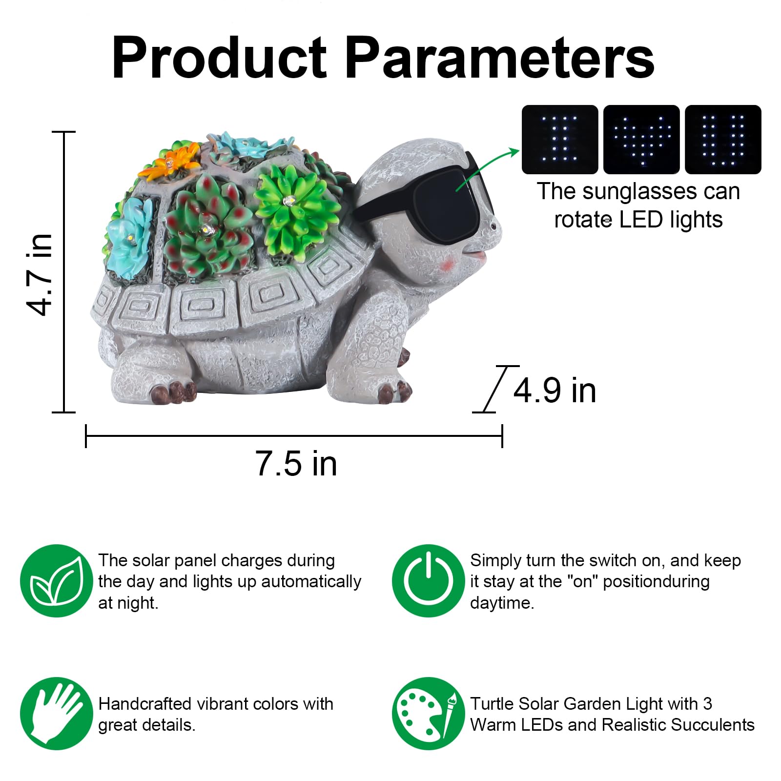 Pawatee Solar Garden Turtle Statue with Succulent & LED Lights, Gray, 7.48x4.92x4.72in - Unique Outdoor Decor for Patio & Lawn