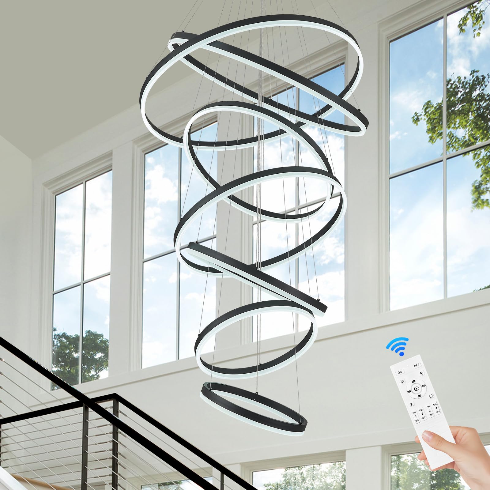 Benkut 7 Rings Modern LED Chandelier Black Dimmable Large Foyer Chandeliers Entryway High Ceiling for Staircase  High Ceiling Pendant Lights for Entryway Living Room  3000K-6500K CCT