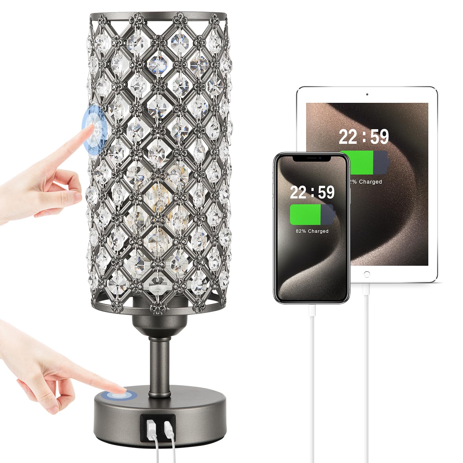Hong-in Gray Crystal Table Lamp - 3-Way Dimmable Touch Control  Bedside Lamp with USB C and A Ports  Nightstand Light for Living Room  Bedroom  Home Office (Bulb Included)