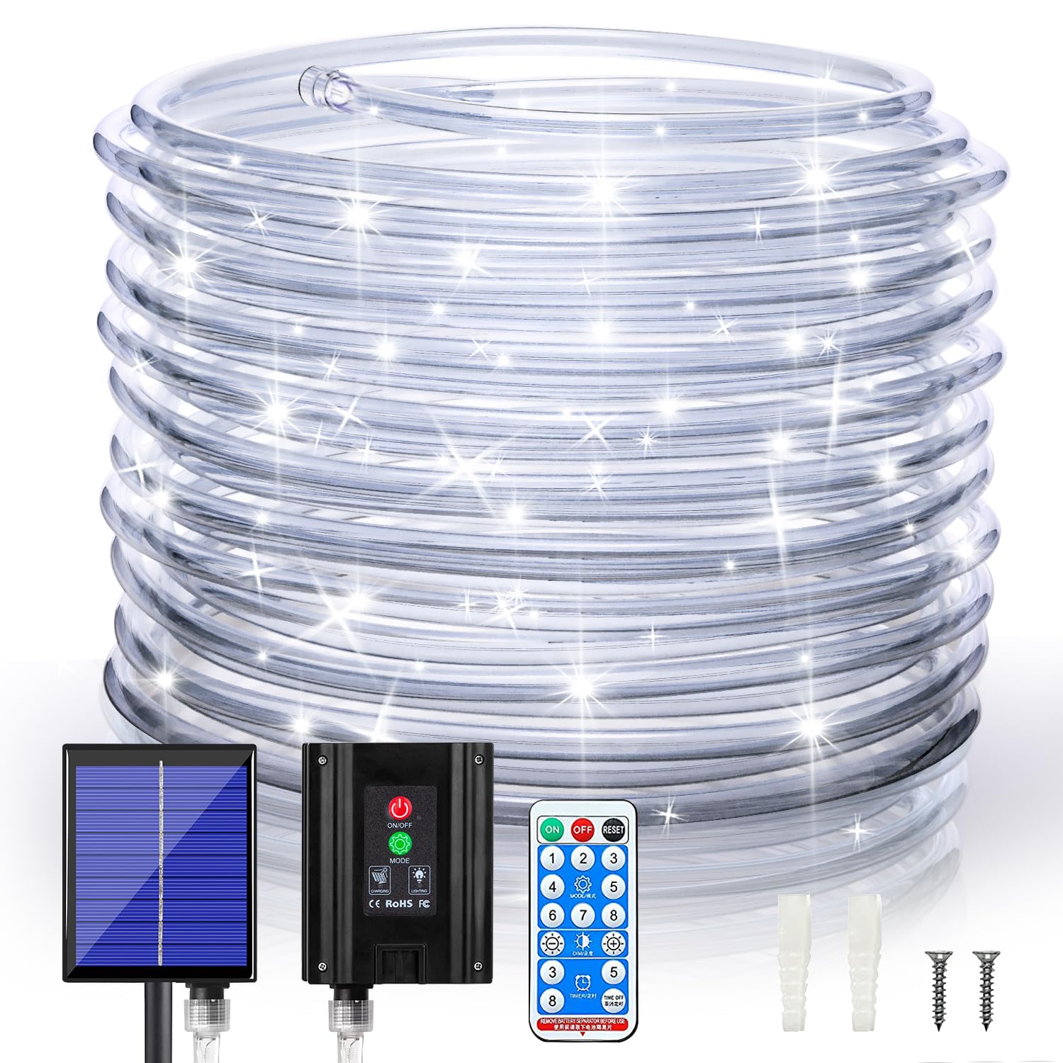 ANJAYLIA Solar Outdoor Rope Lights, 66ft, 200 LEDs, Waterproof, 8 Modes, Dimmable, Remote Control, White, Model b113c96f-6