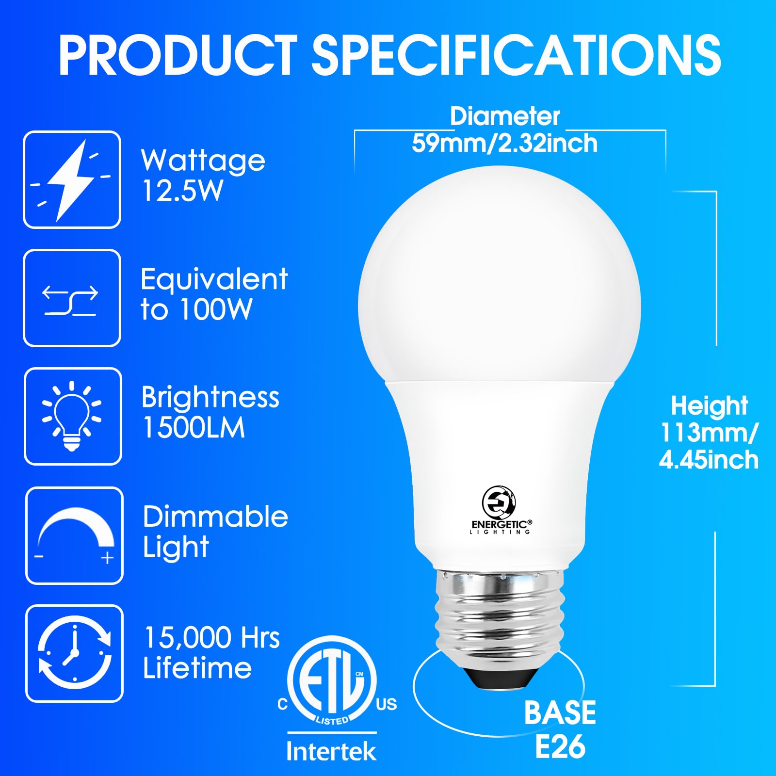Energetic 6-Pack Dimmable Led Light Bulbs 100 Watt Equivalent, 1500 Lumens 12.5W, Warm White 3000K, E26 Led Bulb, 15000 Hrs, Etl