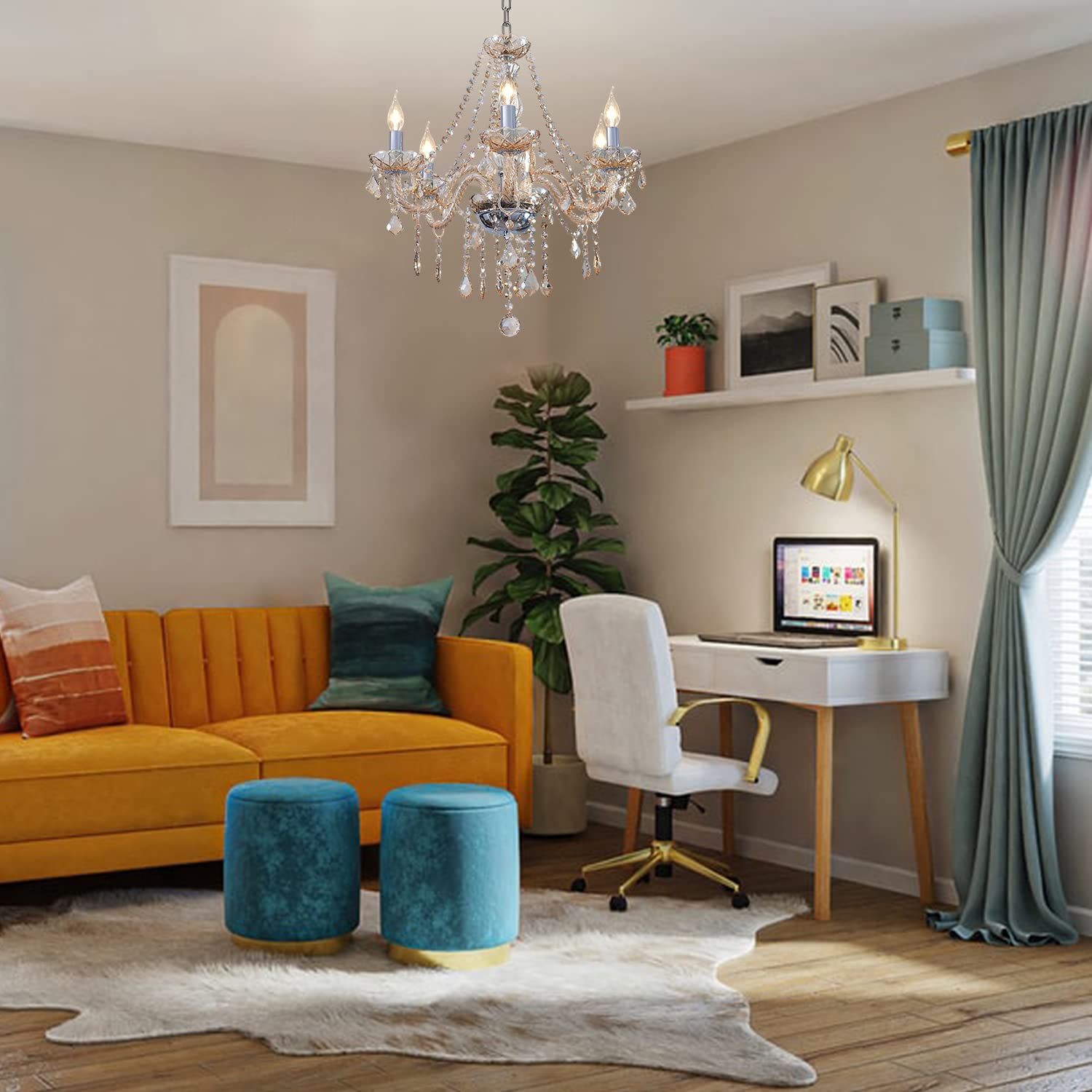 Crystop Crystal Chandeliers For Dining Room, 6-Lights Classic Cognac Pendant Light, Vintage Chandelairs For Bedroom, Candle Ceil