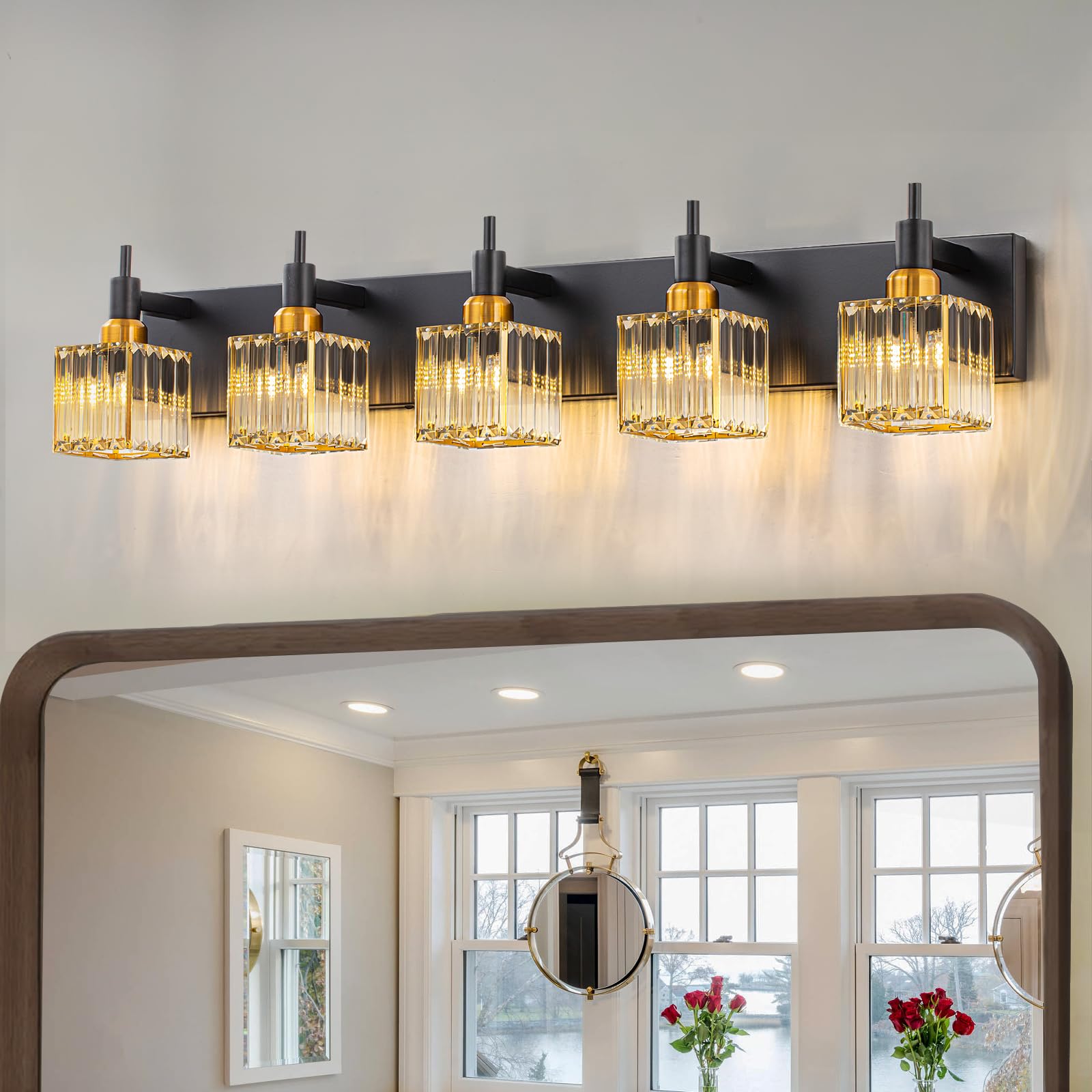 HUOKU Modern Crystal Bathroom Vanity Light 5-Light Metal Black Gold Square Shade, Model dd992089