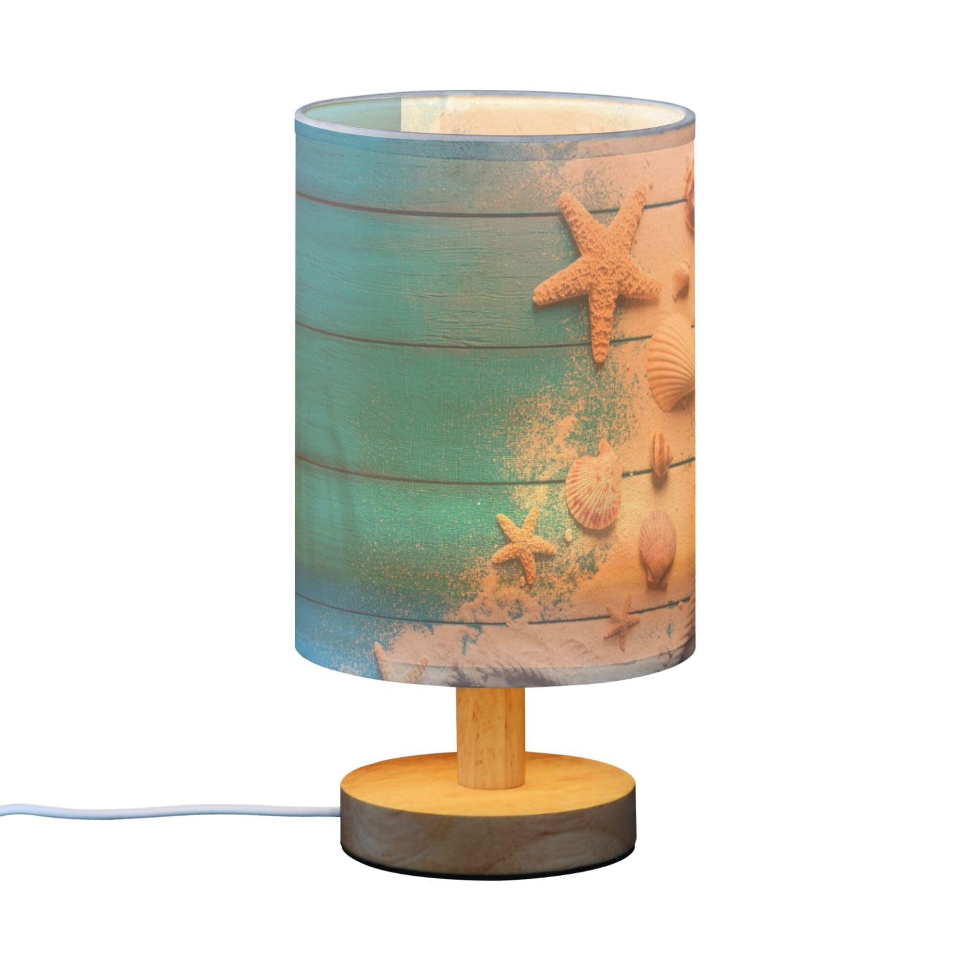 Yyzzh Table Lamp Summer Seashell Starfish Rope Sand On Blue Wood Nightstand Lamp With Wood Base Fabric Lamp Shade Bedside Desk L