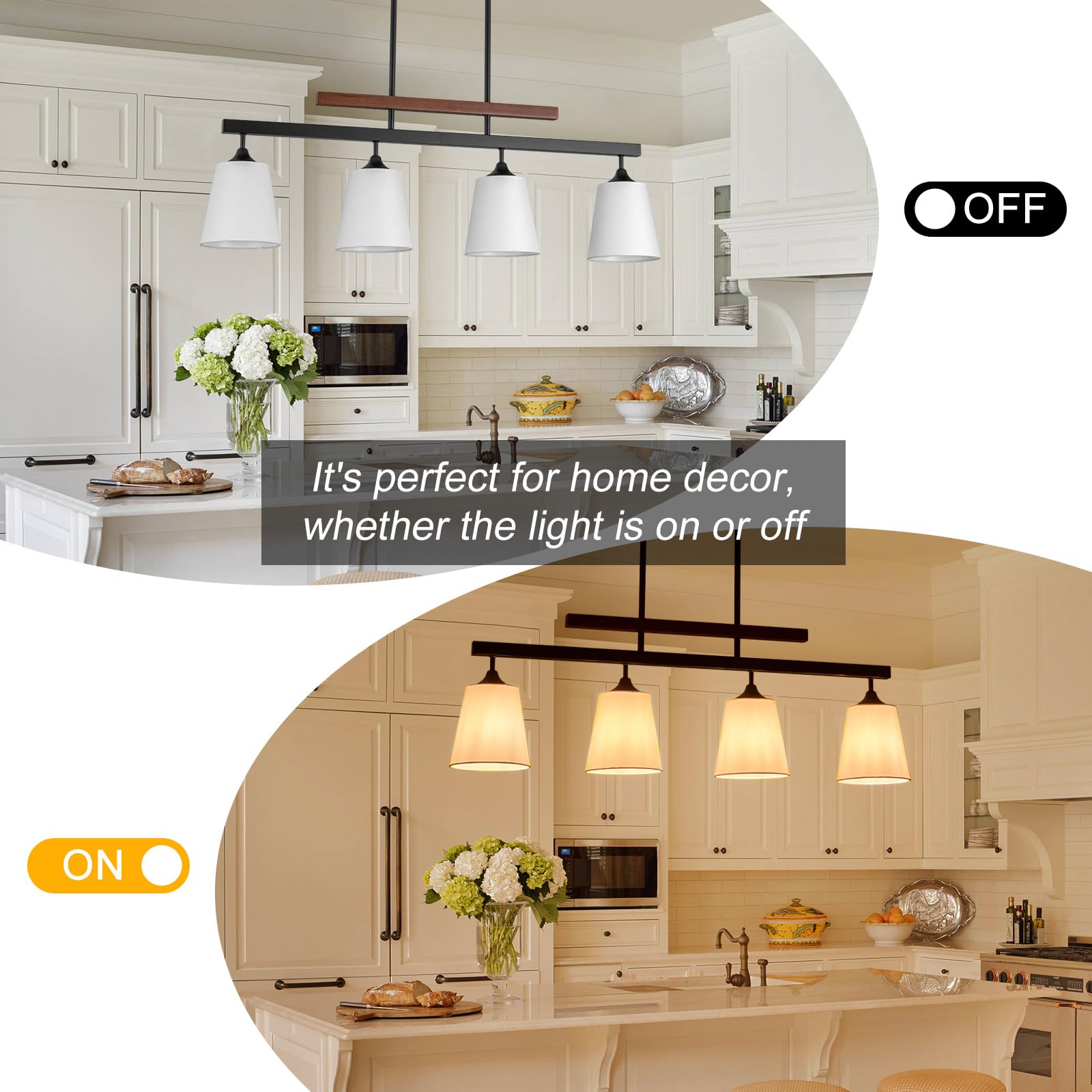 Farmhouse Dining Room Light Fixture Over Table, 4-Light Kitchen Island Lighting, Rustic Wood Linear Chandeliers With White Fabric Shade, Matte Black Hanging Pendant Light Fixtures