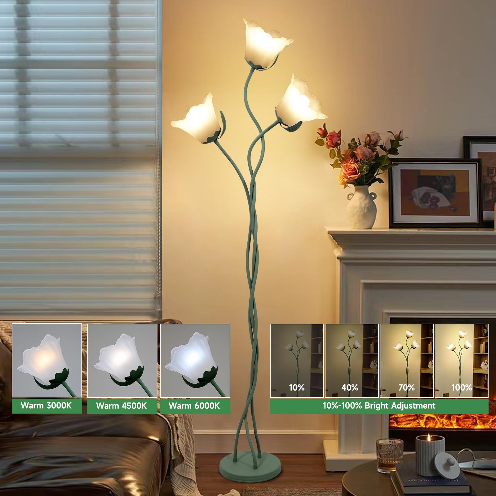 Hunhun Dimmable Flower Floor Lamp For Bedroom Room, 3-Color Temperatures Tall Floor Reading Lamp With Diy Flexible Neck Shaft, R