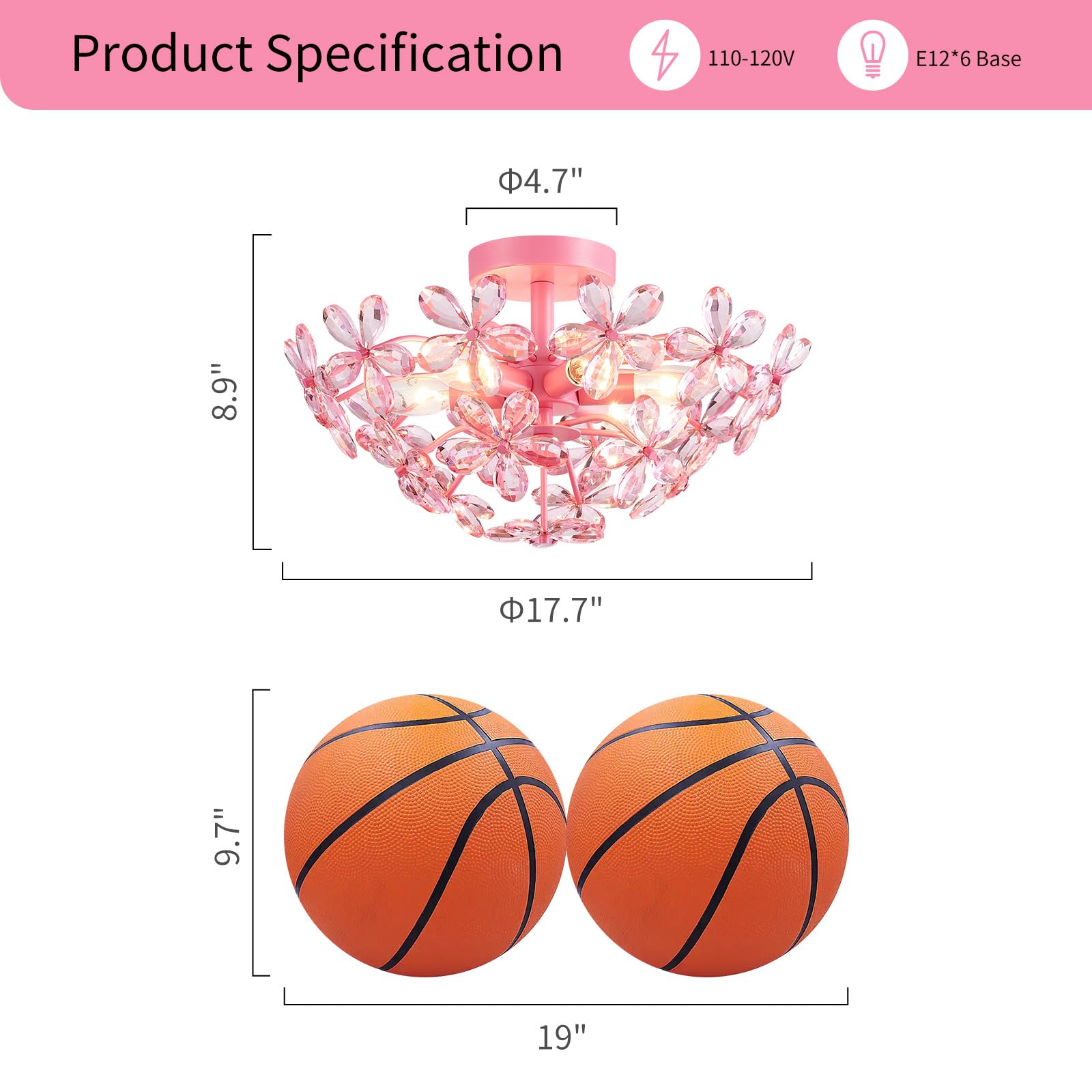 WUZUPS Crystal Chandelier Flushmount Ceiling Light, 8.9in H x 17.7in W, Pink, Metal, 6 Lights, Model USHD90013C-P