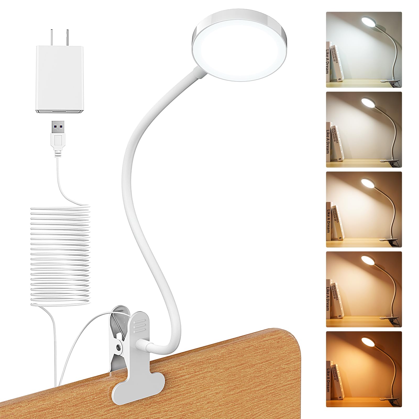 Lifmira 8W Clip-On Bed Lamp, 66 Leds, Dimmable, Eye-Caring, 5 Colors, White