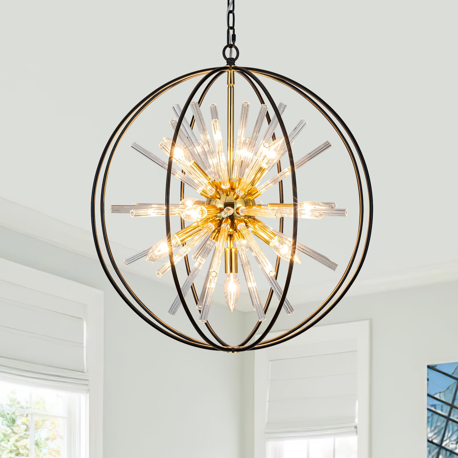 Vezzio D22'' Black and Gold Globe Crystal Chandelier - Modern Mid-Century 10-Light Pendant Light Fixture for Entryway, Foyer, Be