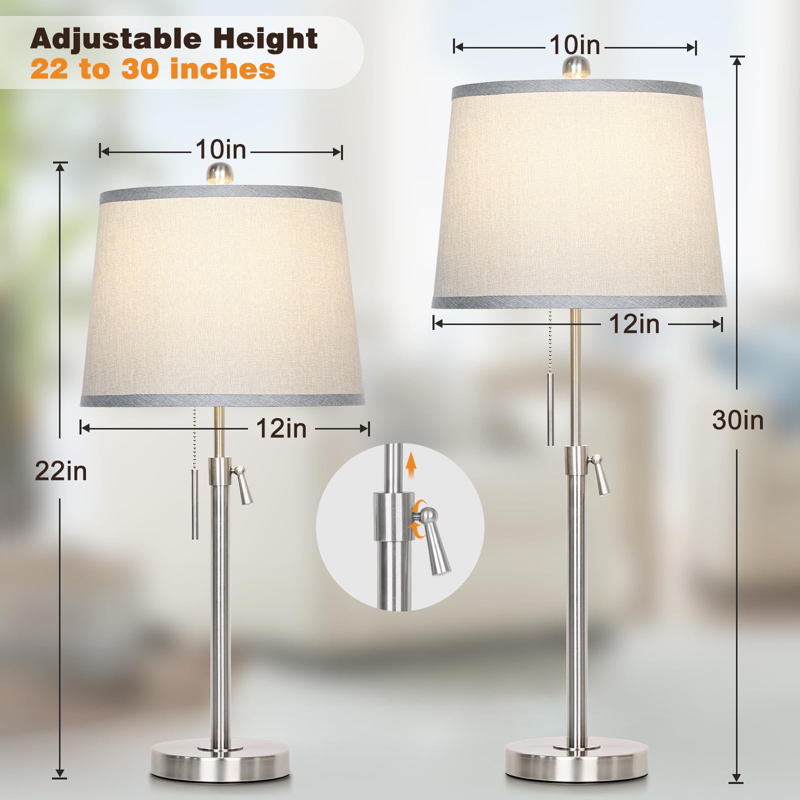 JUNNAI Adjustable Height Table Lamps Set of 2, Silver with Gray Shade, 22" to 30" for Bedroom and Living Room, Bulbs Included