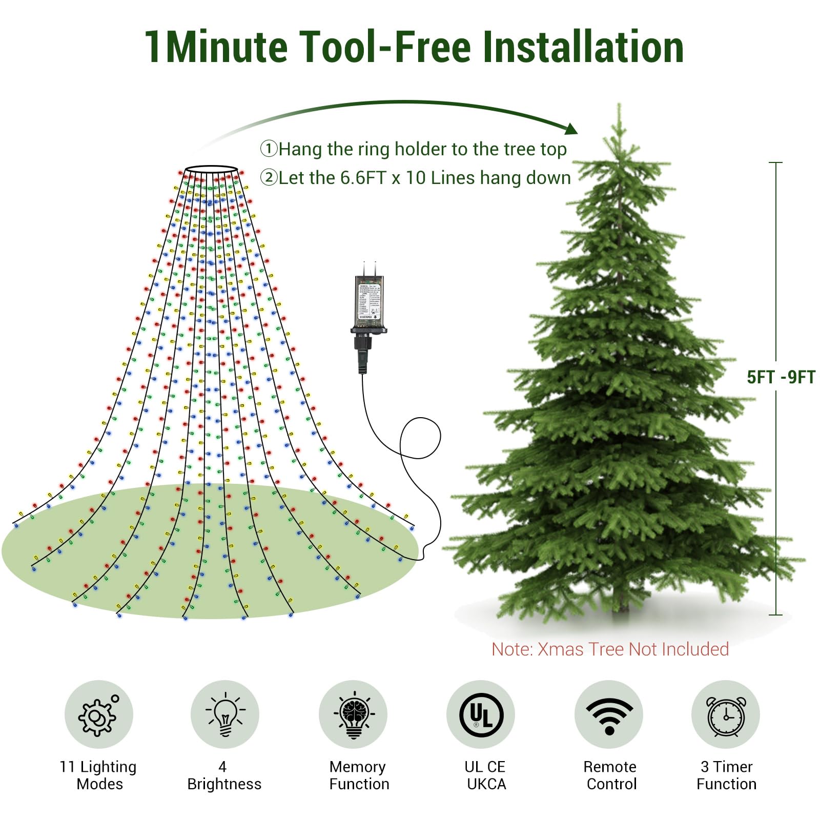 Marchpower Christmas Tree Lights Color Changing, 11 Modes Christmas Light Outdoor With Remote Control, 400 Diamond Led 6.6Ftx10