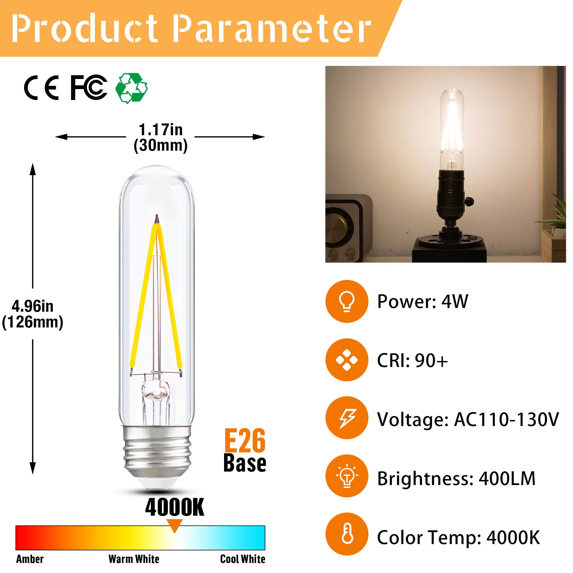 PADMO LUDAZ Dimmable T10 LED Bulbs 4W (40W Equivalent) Pack of 2 Neutral White 4000K Glass