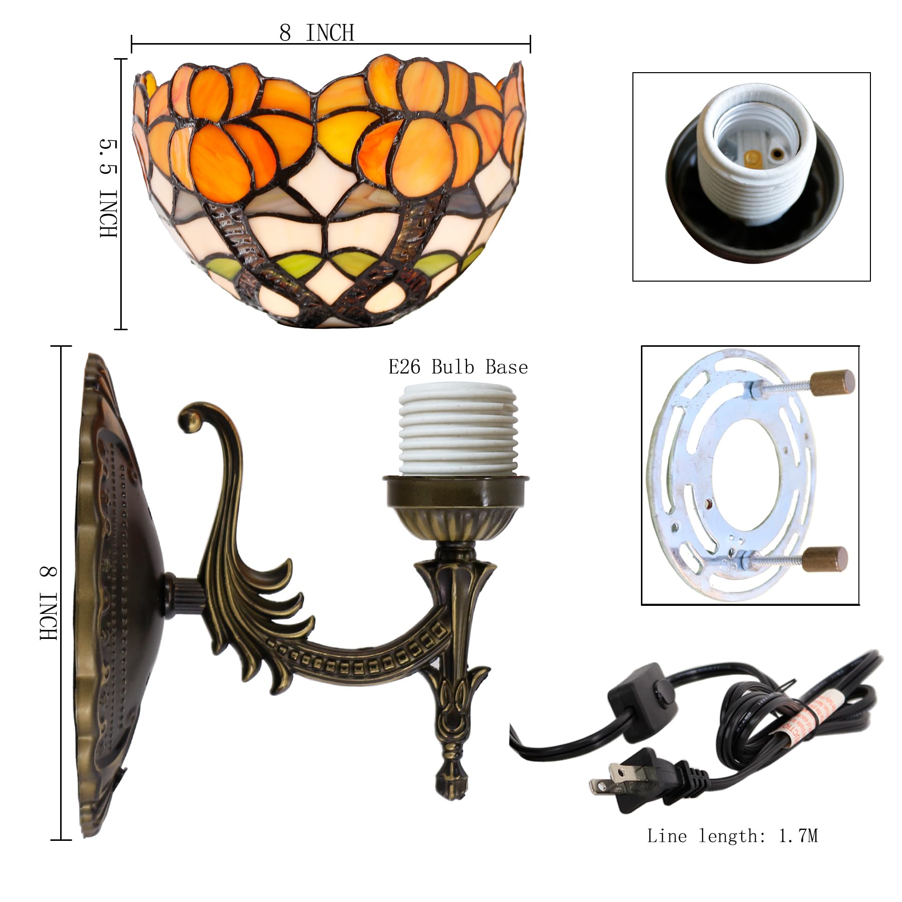 Tiffany Wall Sconce Lamp Plug In Or Hardwire Wall Light With 8 Inch Yellow Stained Glass Flower Lampshade 8X10.5X11 Inch, Base F