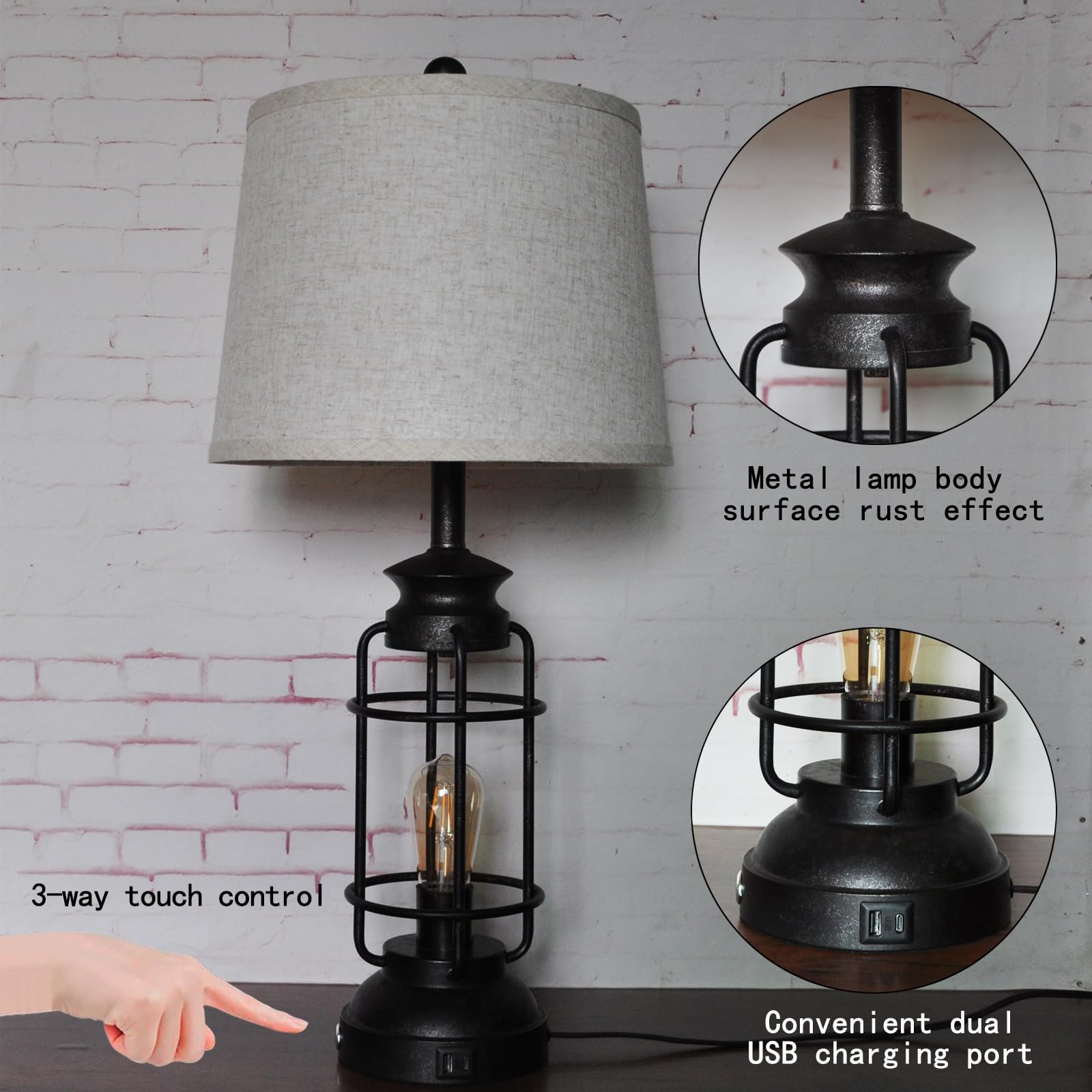 Table Lamps Set Of 2 With Usb Port 3 Way Dimmable Touch Lamps 28.5'' Tall Rustic Industrial Living Room Lamps For Bedroom Bedsid