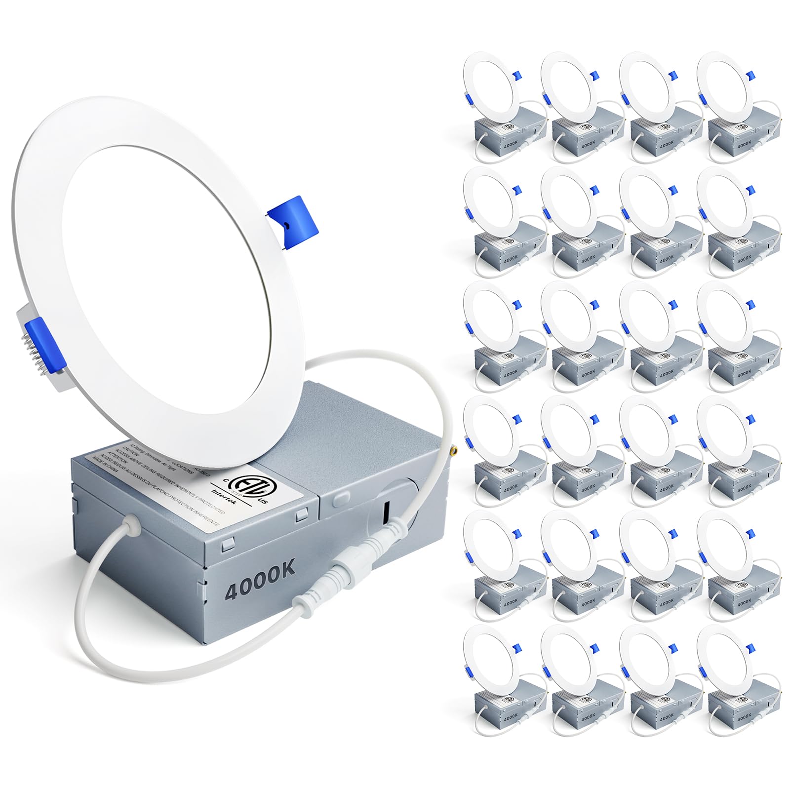 Ensenior 24 Pack 4 Inch LED Recessed Ceiling Light, Dimmable, 4000K Cool White, 750LM 9W 120V, High Brightness Canless Wafer Dow