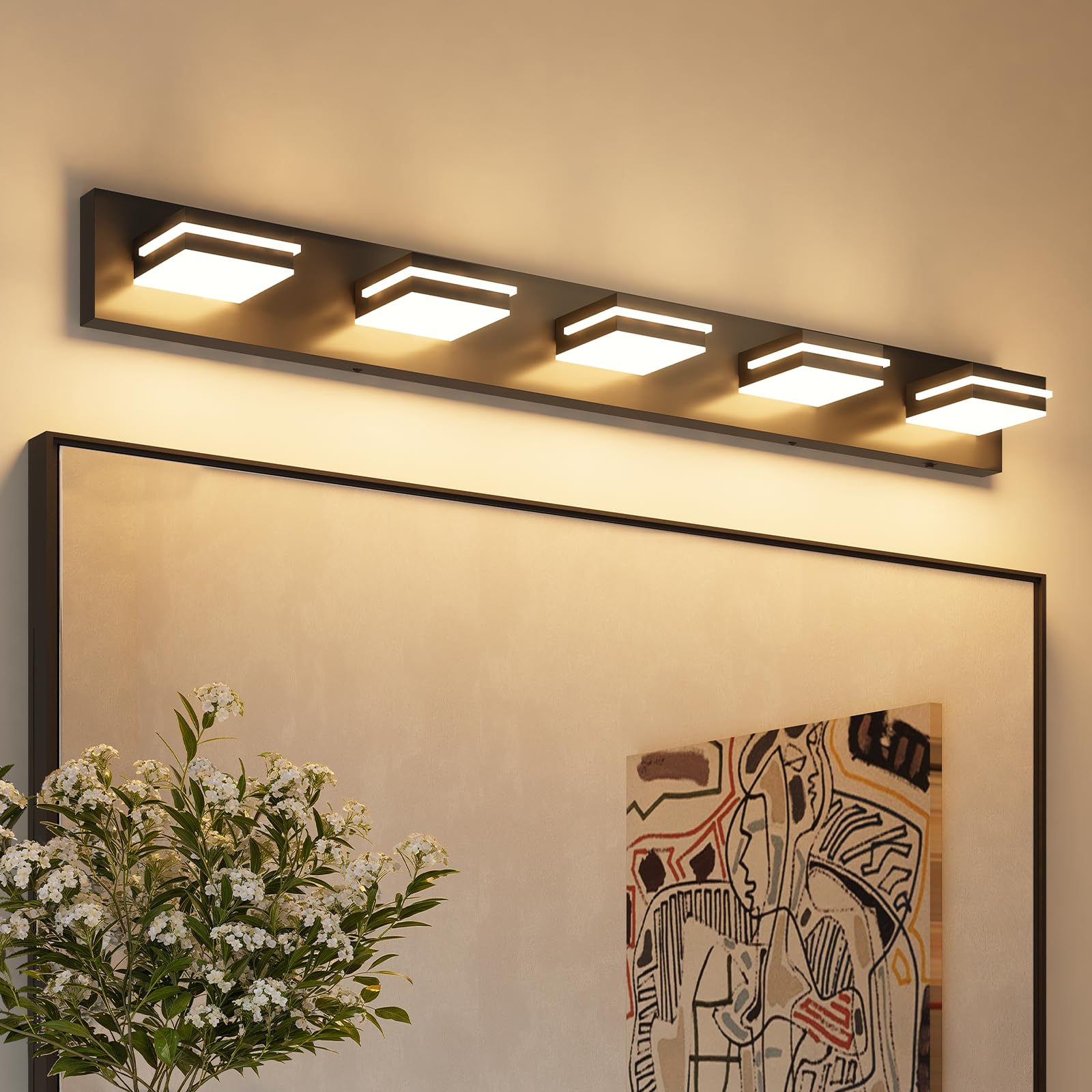 Volisun Modern 5-Light, 40-Inch Black Bathroom Vanity Light Fixtures Over Mirror, 5Cct Dimmable, Energy Efficient, Etl Certifica
