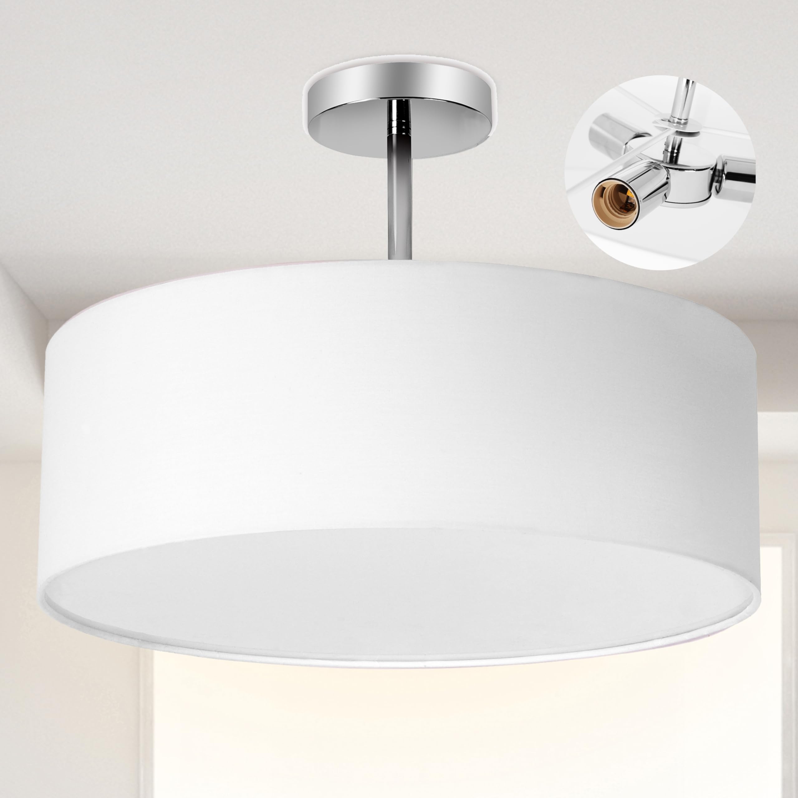 SomSom Ceiling Light, Semi-Flush Mount Modern Fabric Pendant Light Shade, Large White Drum Lampshade, Round Pendant Lamp, Lamps 