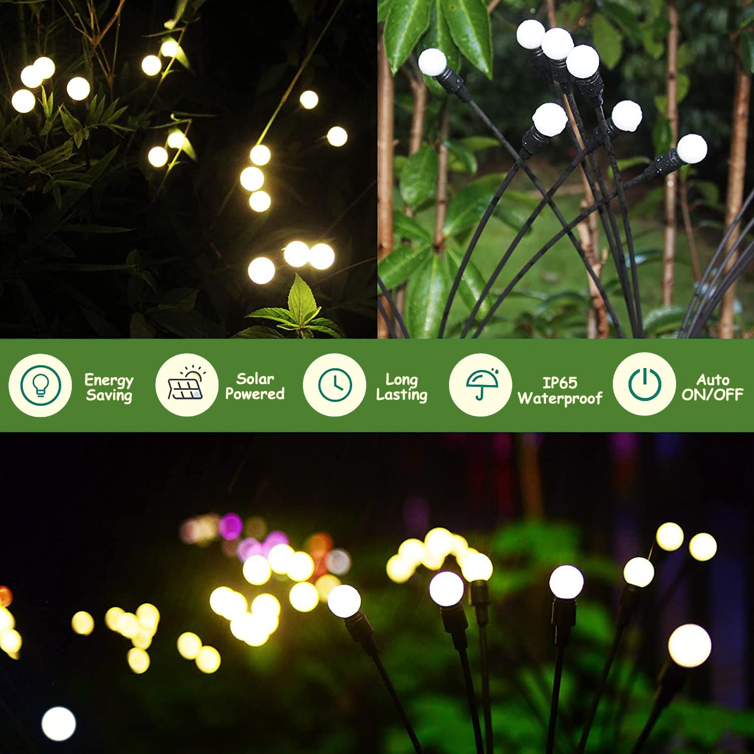 Jurasnow 2Pcs 10 Head Solar Powered Firefly Lights, 10 Led Outdoor Waterproof Solar Starburst Swaying Garden Lights, Swaying Whe