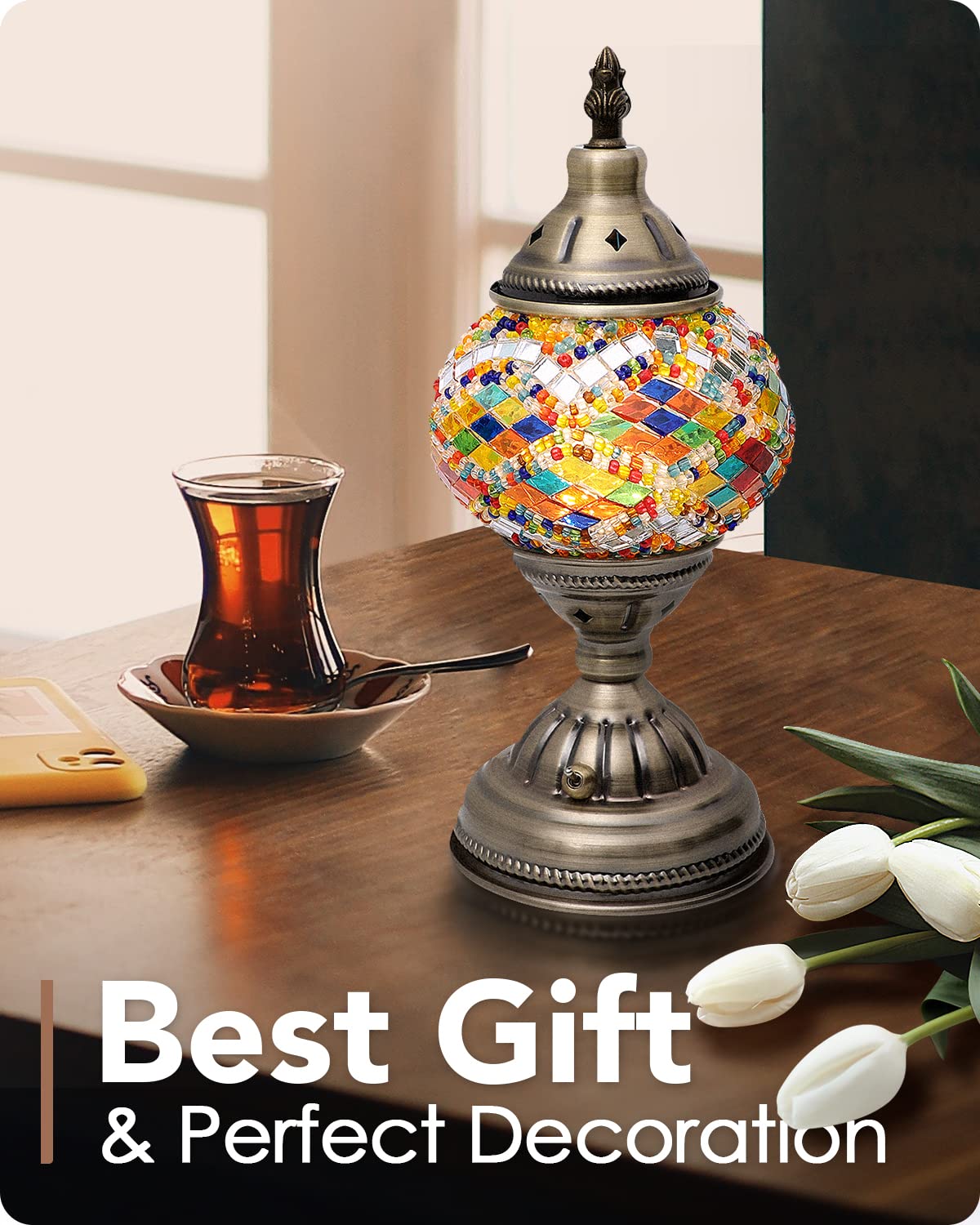 Yarra-Decor Turkish Moroccan Lamp - Handmade Mosaic Glass, Bronze Base, Rechargeable Led Bedside Light