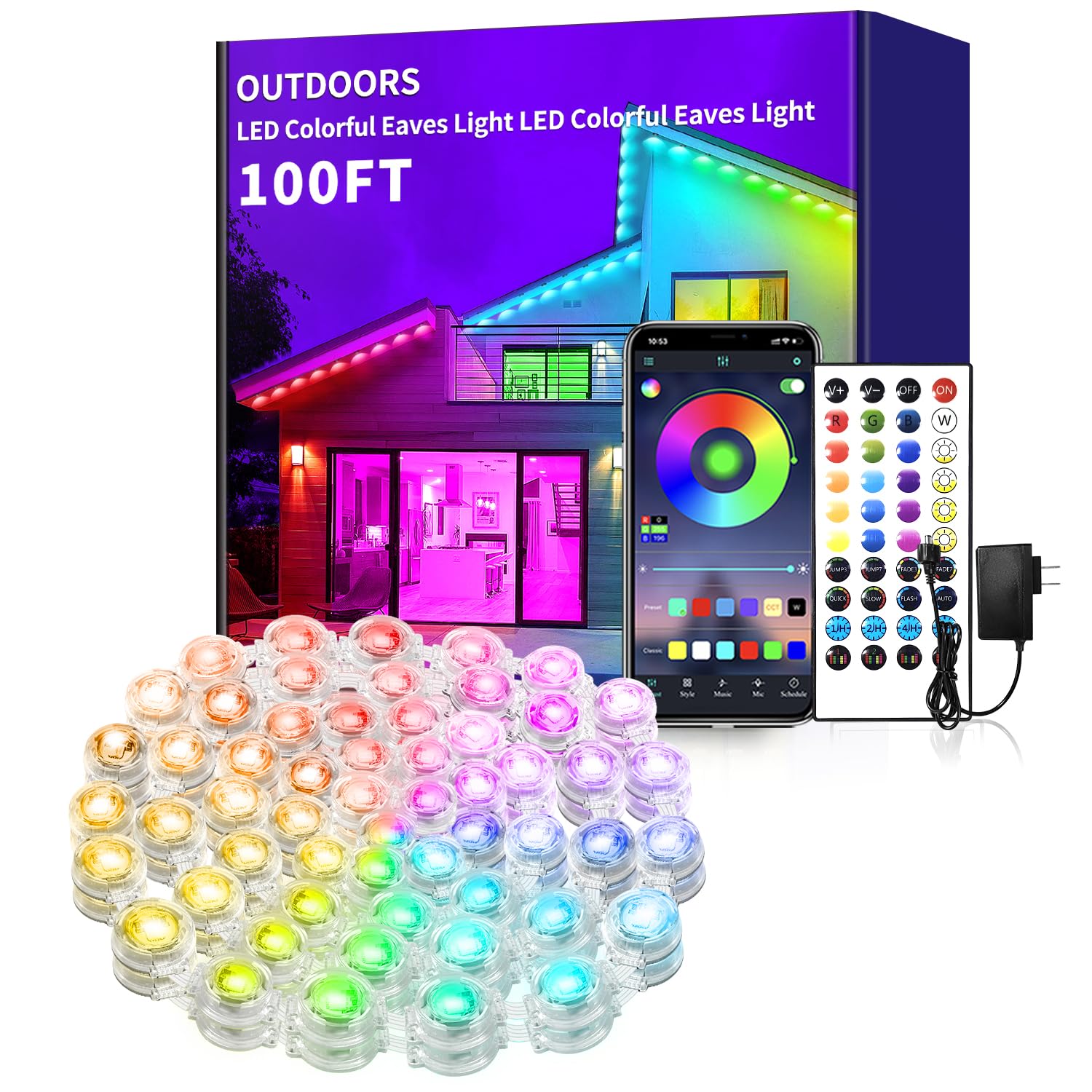 Yocrostar 100ft Permanent Outdoor Lights,RGB Eaves Lights with App Control Remote,DIY IP67 Waterproof Under Eave Lighting,Outsid
